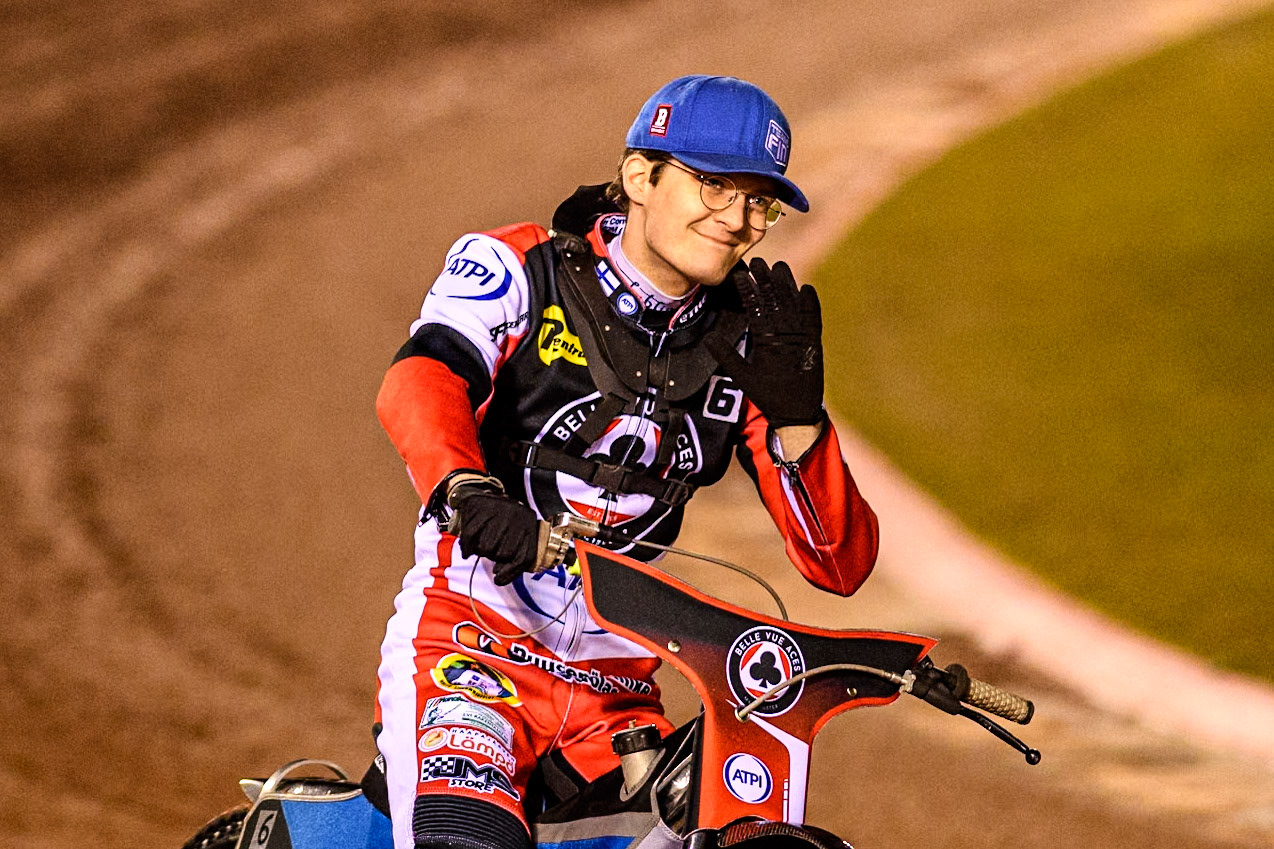 Belle Vue Aces' Antti Vuolas on the parade lap during the Rowe Motor Oil Premiership Grand Final 1st Leg between Belle Vue Aces and Leicester Lions at the National Speedway Stadium, Manchester on Monday 23rd September 2024. (Photo: Ian Charles | MI News)