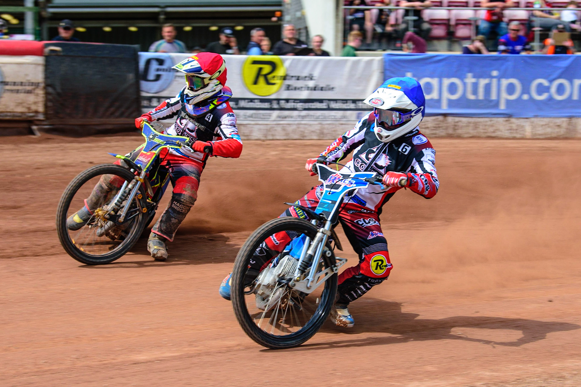 MANCHESTER, UK.  JUN 3RD Archie Freeman  (Blue) inside team mate’ Nathan Ablitt  (Red)  during the National Development League match between Belle Vue Colts and Oxford Chargers at the National Speedway Stadium, Manchester on Friday 3rd June 2022. (Credit: Ian Charles | MI News)