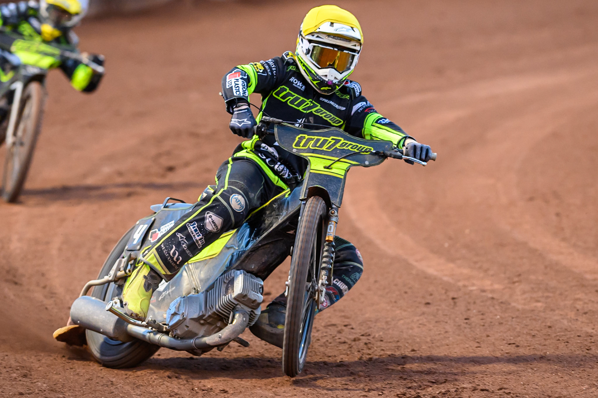 Tom Brennan of Ipswich Witches  picks up some drive during the Rowe Motor Oil Premiership match between Belle Vue Aces and Ipswich Witches at the National Speedway Stadium, Manchester on Monday 4th August 2025. (Photo: Ian Charles | MI News)