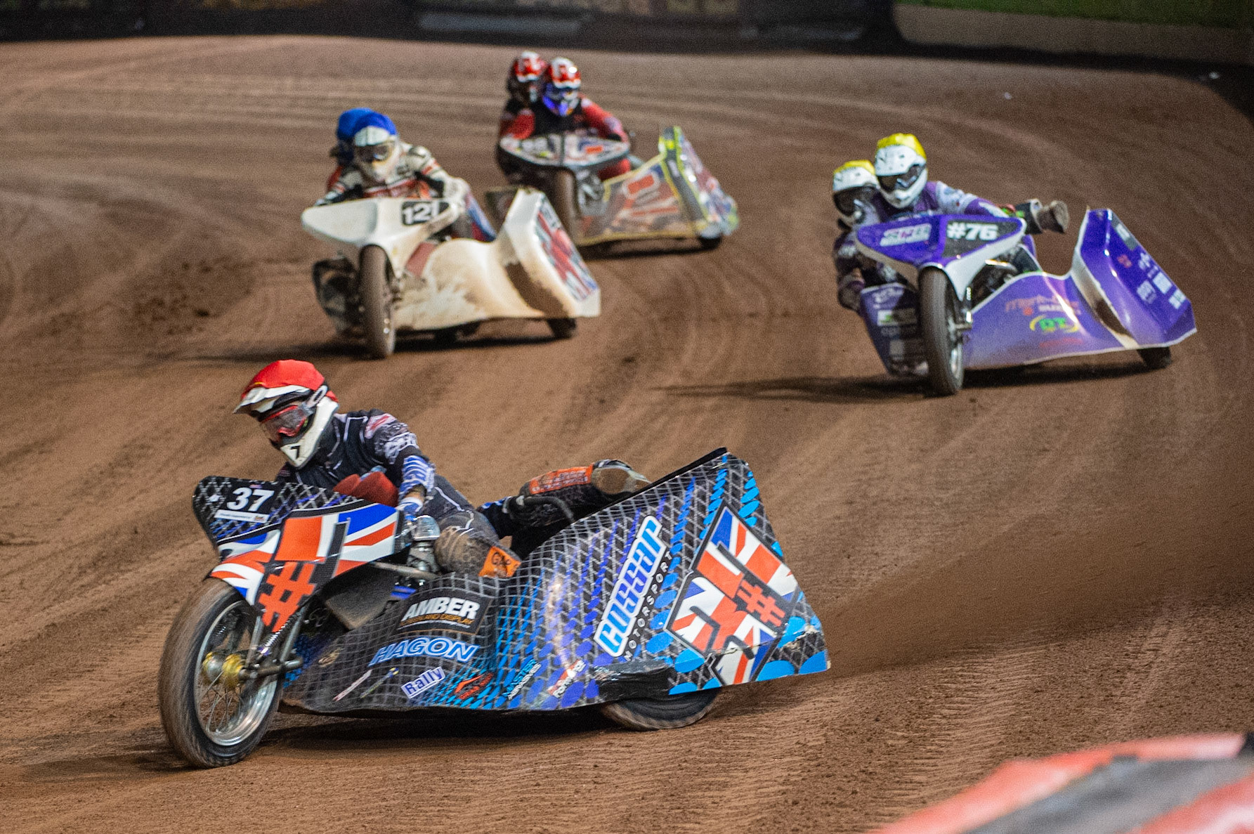 MANCHESTER, ENGLAND Mark Cossar & Carl Pugh(37) takes his fourth heat win to qualify for the Final with maximum points during the  ACU Sidecar Speedway Manchester Masters,  Belle Vue National Speedway Stadium, Manchester Saturday 12 October 2019 (Credit: Ian Charles | MI News)