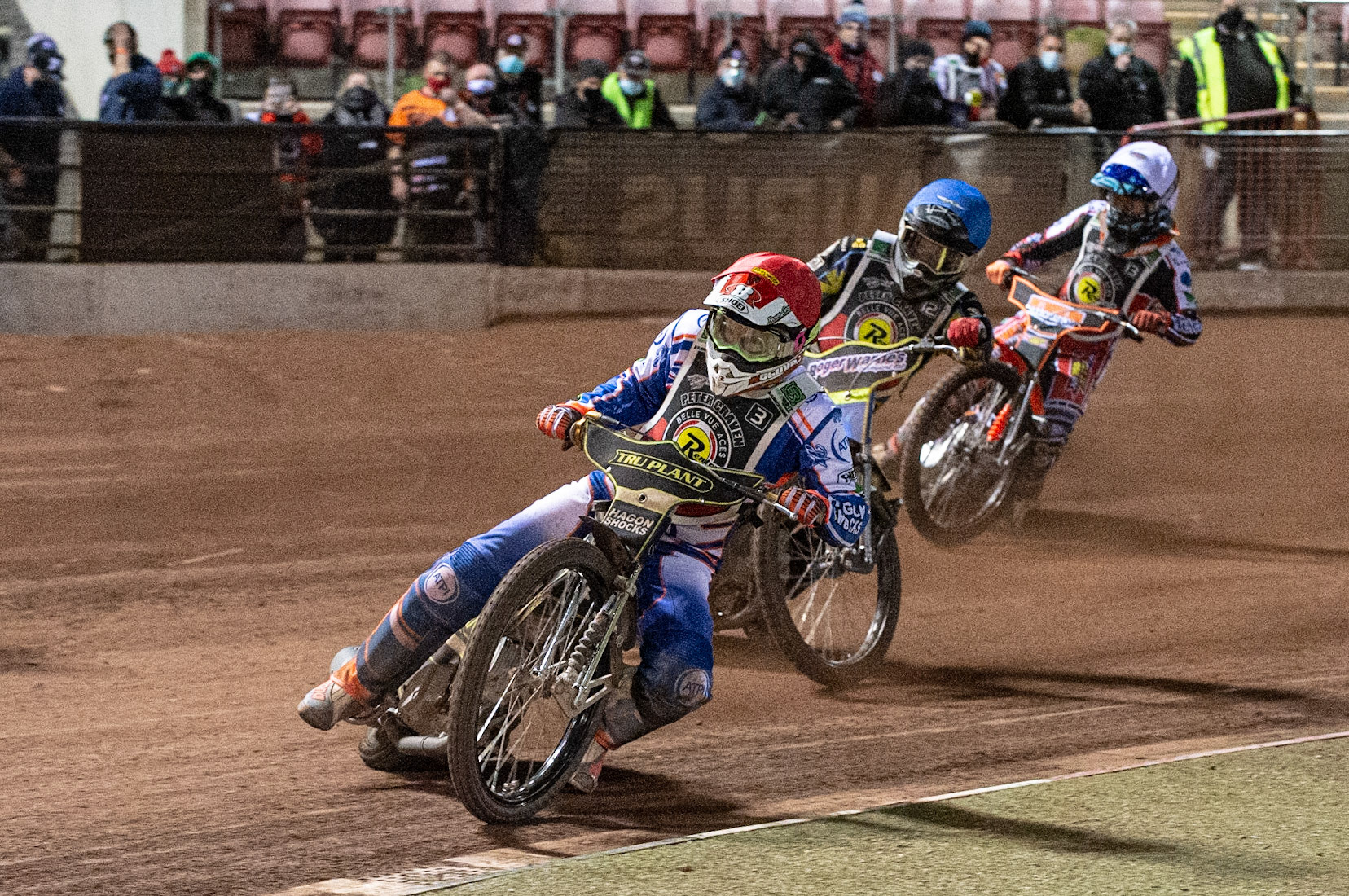 Photo: Ian CharlesJason Crump (Red) leads Troy Batchelor (Blue) and Jordan Palin (White)Peter Craven Memorial Trophy, National Speedway Stadium, Manchester Thursday  22  October  2020