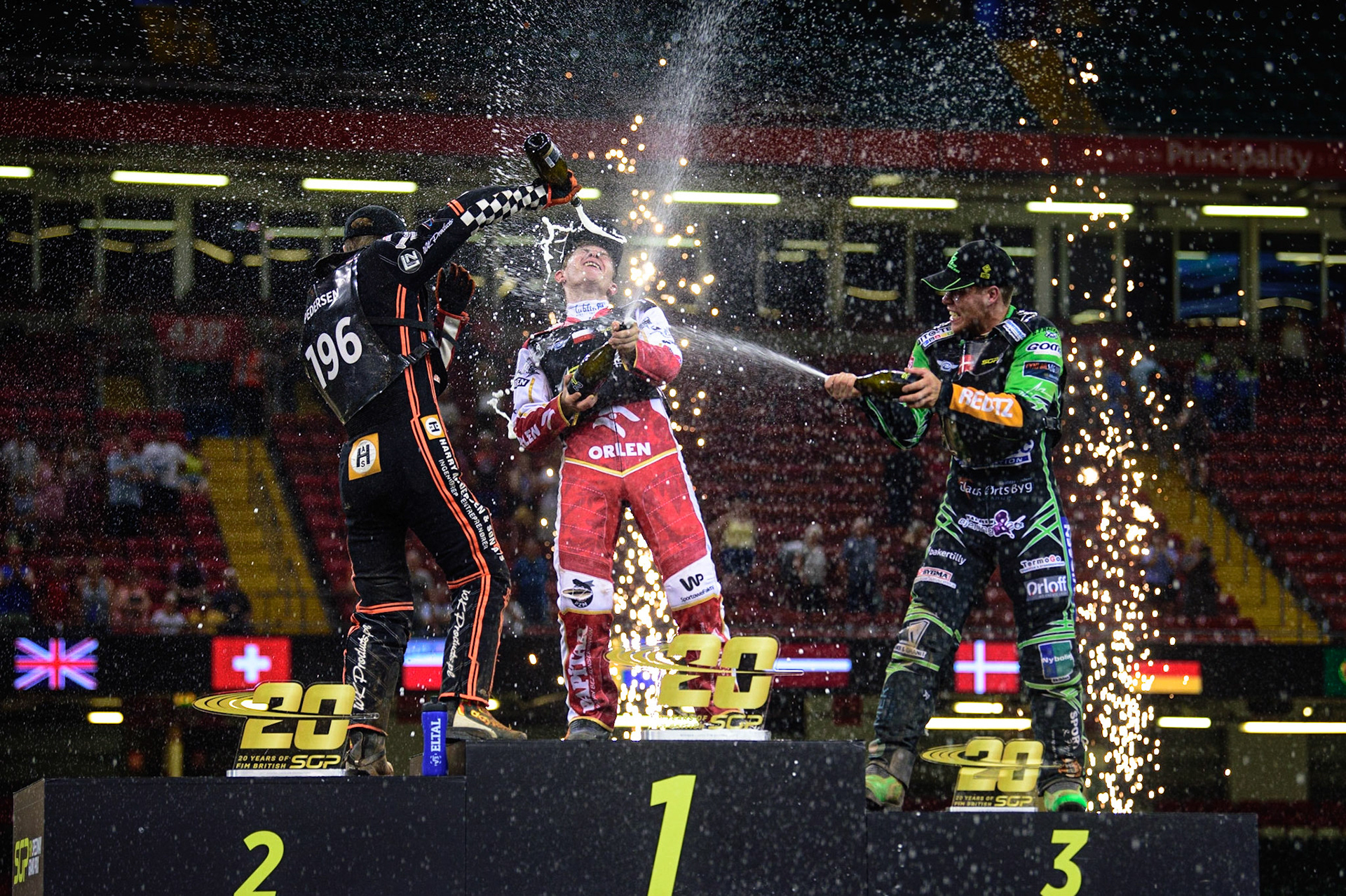 Champagne celebrations during the FIM  Speedway Grand Prix  2 of Great Britain at the Principality Stadium, Cardiff on Sunday 14th August 2022. (Credit: Ian Charles | MI News)