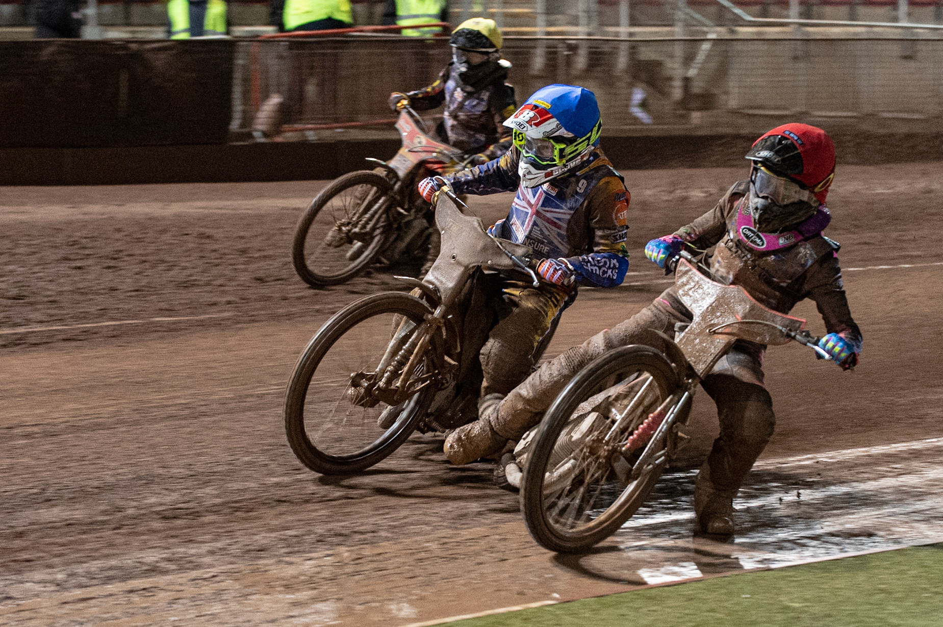 Photo: Ian CharlesJosh Bates   (Red)  inside  Jason Crump   (Blue) and Dan Thompson   (Yellow) Sports Insure British Speedway Championship Final, National Speedway Stadium, Manchester Monday  28  September  2020