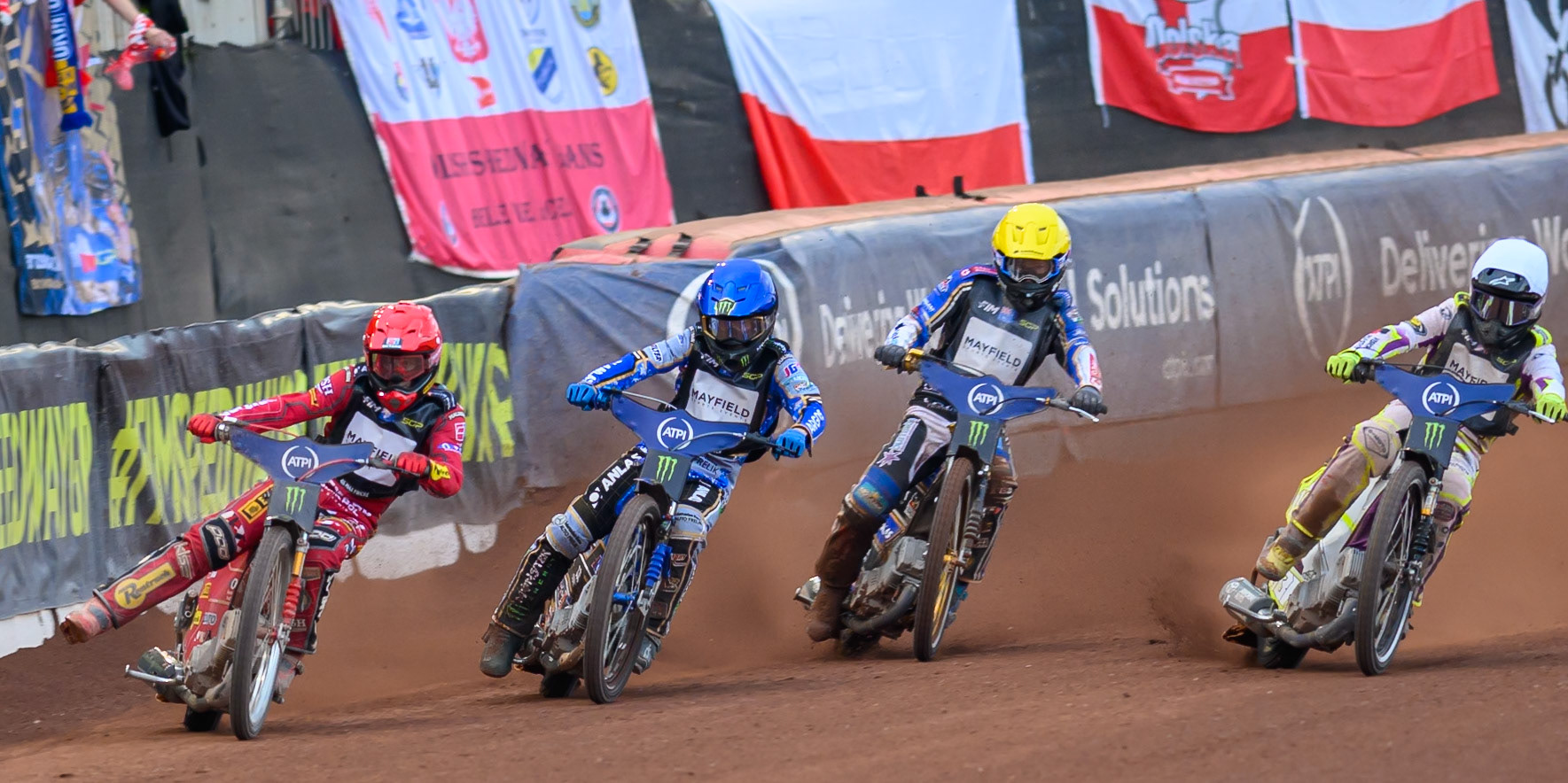 Max Fricke (46) of Australia in Red leading Jack Holder (25) of Australia in Blue, Jason Doyle (69) of Australia in Yellow and Wild Card Tom Brennan (16) of Great Britain in White during the ATPI  FIM Speedway GP of Manchester at the National Speedway Stadium, Manchester on Friday 5th June 2026. (Photo: Ian Charles | MI News)