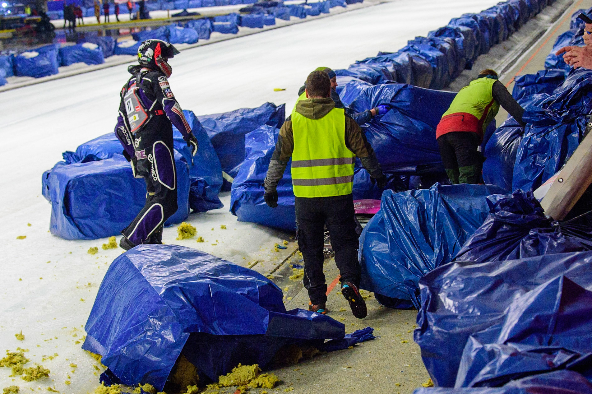 Benedikt Monn (17) (Reserve) goes to retrieve his machine after coming off  during the Ice Speedway Gladiators World Championship Final 1 at Max-Aicher-Arena, Inzell, Germany on Saturday 18th March 2023. (Photo: Ian Charles | MI News)