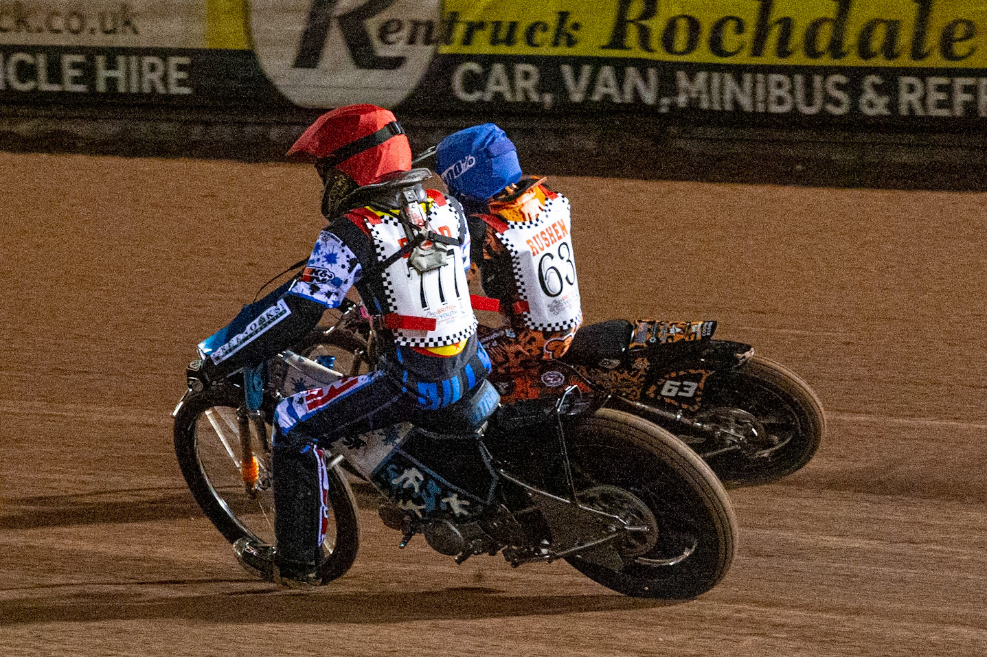 Photo: Ian CharlesBilly Budd (Red) inside Cooper Rushen (Blue) (125cc A Class)British Youth Speedway Championship (Round 5), National Speedway Stadium, Manchester Saturday  10  October  2020