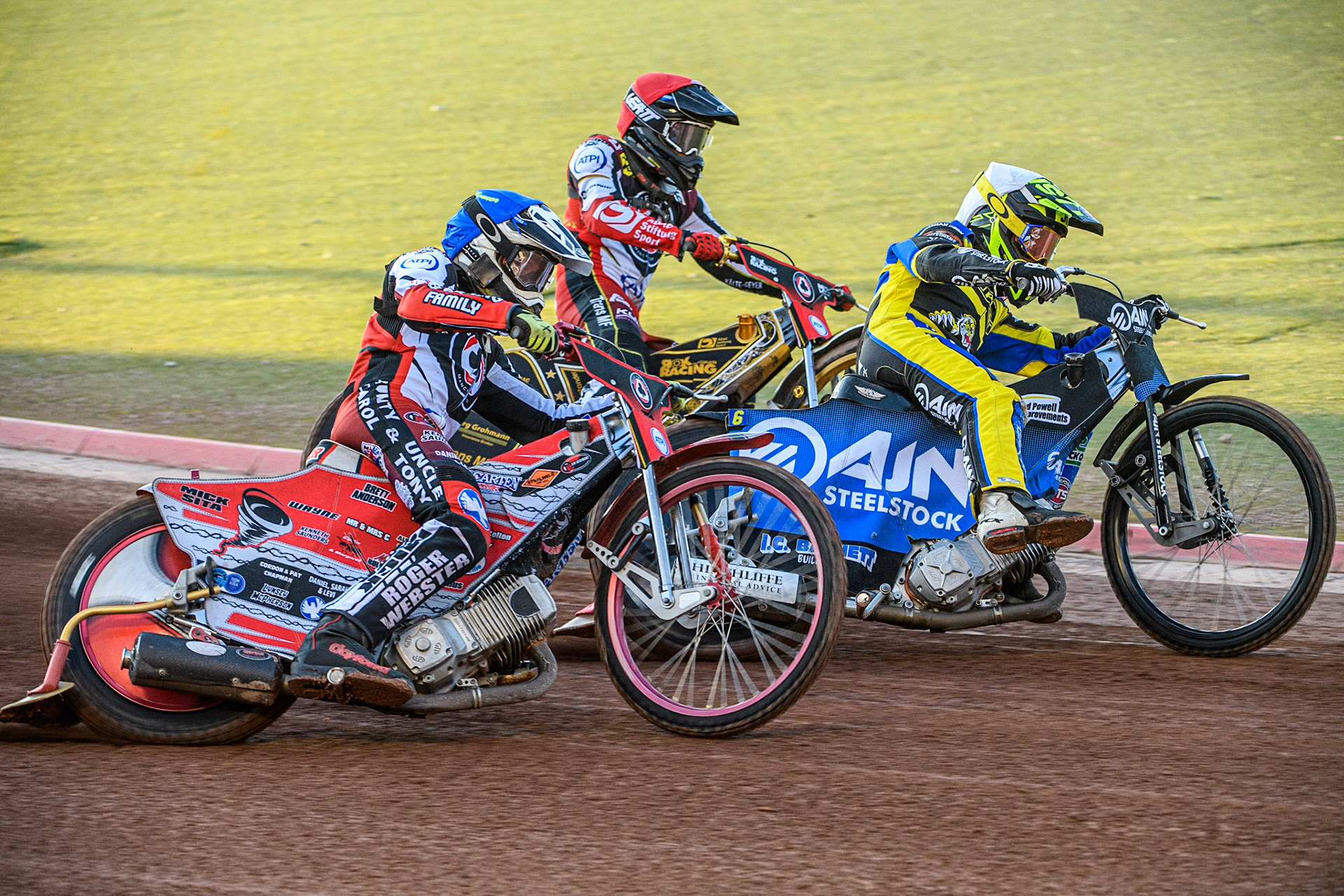 Lewis Kerr  (White) between Norick Blodorn (Red) and Connor Bailey (Blue) during the Sports Insure Premiership match between Belle Vue Aces and Sheffield Tigers at the National Speedway Stadium, Manchester on Monday 7th August 2023. (Photo: Ian Charles | MI News)