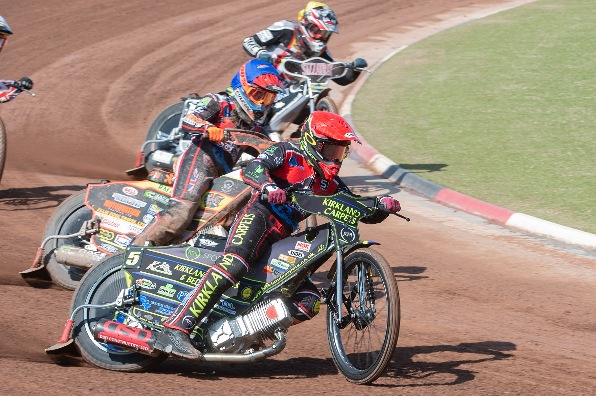 Photo: Ian Charles

Belle Vue Colts’ Kyle Bickley (Red) and Jordan Palin (Blue) lead Stoke Potters Joe Alcock (Yellow)

Belle Vue Colts v Stoke Potters, National League, Belle Vue National Speedway Stadium, Manchester, Friday 19  April  2019