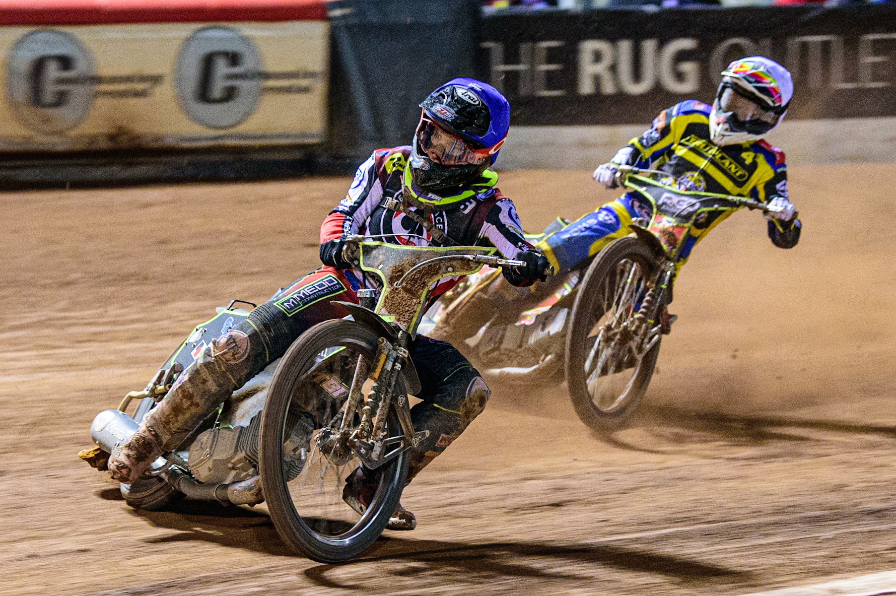 Tom Brennan  (Blue) leads David Bellego  (White) during the SGB Premiership match between Belle Vue Aces and Sheffield Tigers at the National Speedway Stadium, Manchester on Monday 27th March 2023. (Photo: Ian Charles | MI News)