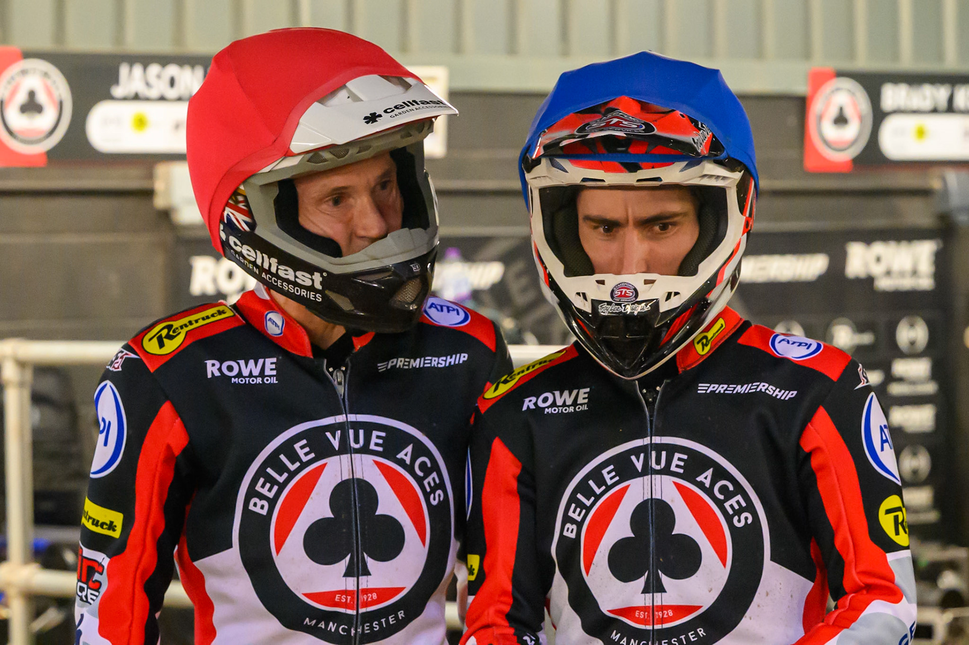 Brady Kurtz of Belle Vue Aces in Red (Left)  with Zach Cook of Belle Vue Aces in Blue  before the final heat during the Rowe Motor Oil Premiership match between Belle Vue Aces and Sheffield Tigers at the National Speedway Stadium, Manchester on Monday 14th September 2026. (Photo: Ian Charles | MI News)