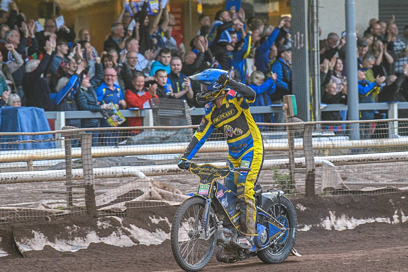 Kyle Howarth celebrates during the Sports Insure Premiership match between Sheffield Tigers and Belle Vue Aces at Owlerton Stadium, Sheffield on Thursday 20th July 2023. (Photo: Ian Charles | MI News)