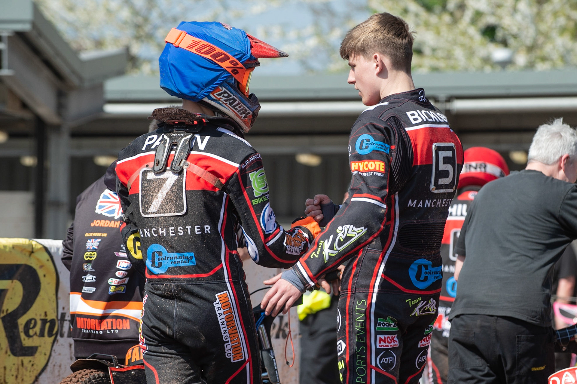Photo: Ian Charles

Kyle Bickley (right) congratulates Jordan Palin 

Belle Vue Colts v Stoke Potters, National League, Belle Vue National Speedway Stadium, Manchester, Friday 19  April  2019