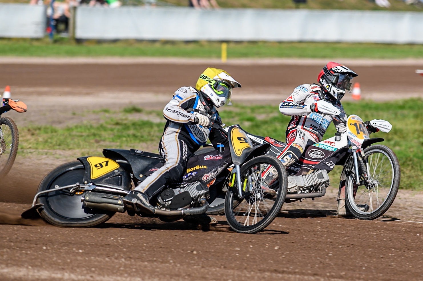 Henri Ahlbom (97) of Finland in Yellow rides outside Andrew Appleton (141) of Great Britain in Red during the FIM Long Track World Championship Final 5 at the Speed Centre Roden, Roden, Netherlands on Sunday 22nd September 2024. (Photo: Ian Charles | MI News)