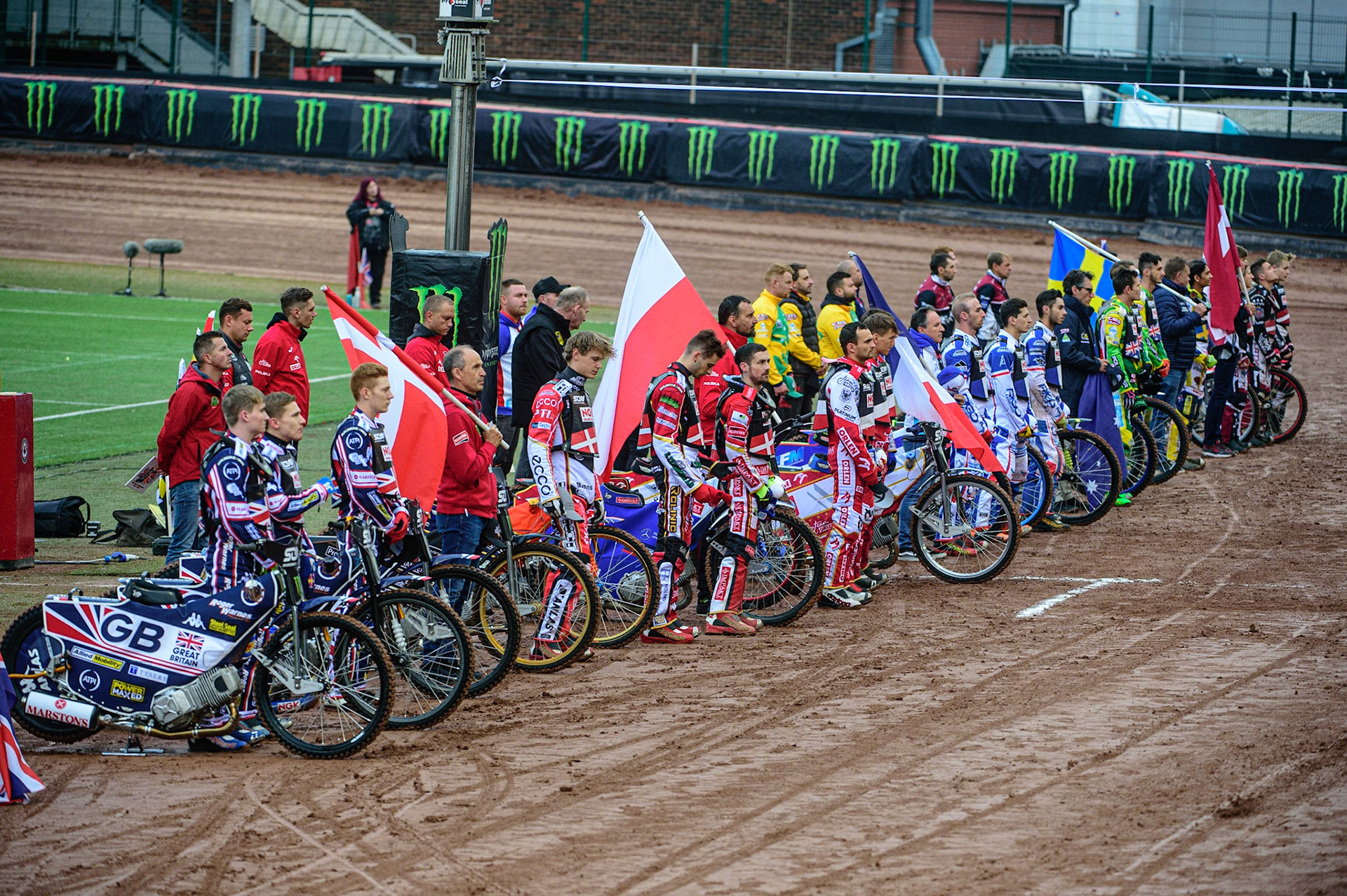 MANCHESTER, UK. OCT 17TH The riders on parade  during the Monster Energy FIM Speedway of Nations at the National Speedway Stadium, Manchester on Sunday  17th October 2021. (Credit: Ian Charles | MI News)