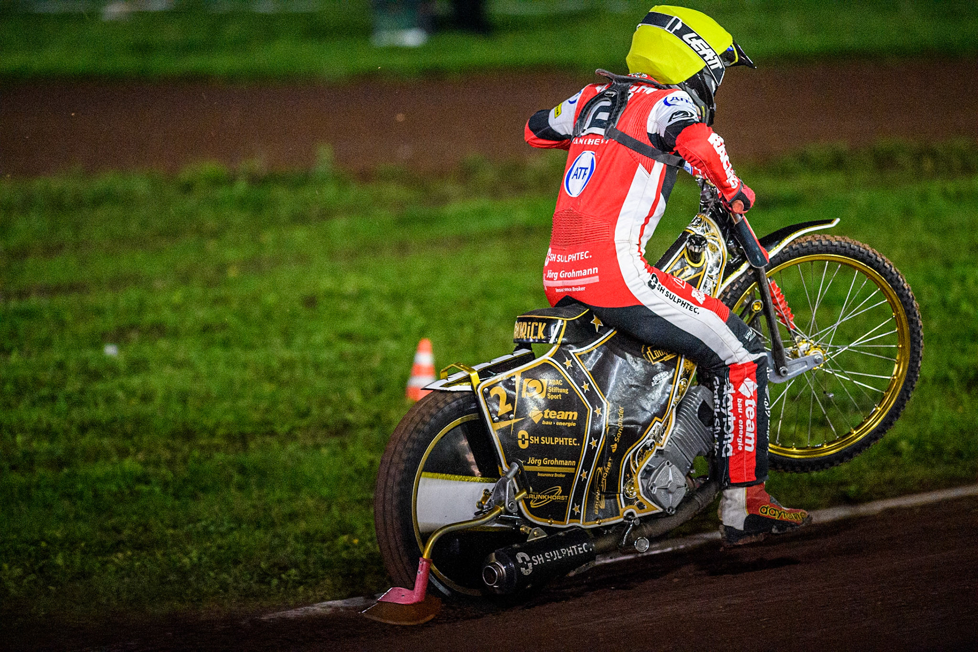 Belle Vue Aces' Norick Blodorn does a practice start during the Rowe Motor Oil Premiership Grand Final 2nd Leg between Leicester Lions and Belle Vue Aces at the Pidcock Motorcycles Arena, Leicester on Thursday 26th September 2024. (Photo: Ian Charles | MI News)