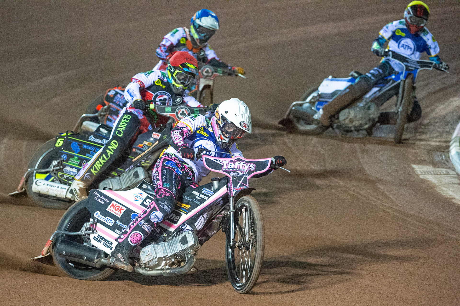 Photo: Ian CharlesLeon Flint of the 'ATPI' All Stars (White) leads Jordan Palin of Belle Vue 'BikeRight' Aces (Blue), Kyle Bickley of Belle Vue 'BikeRight' Aces (Red) and Josh MacDonald of the 'ATPI' All Stars (Yellow)Belle Vue ‘Bikerite ’Aces v ‘ATPI’ All Stars, Premiership Challenge, National Speedway Stadium, Manchester Thursday  24  September  2020
