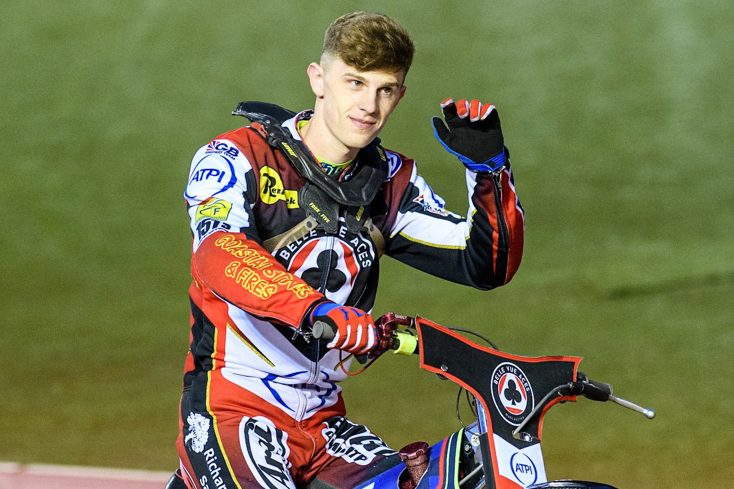 Belle Vue Aces' Jake Mulford on the parade lap during the Rowe Motor Oil Premiership Play Off Semi Final 2, 1st Leg match between Belle Vue Aces and Sheffield Tigers at the National Speedway Stadium, Manchester on Monday 16th September 2024. (Photo: Ian Charles | MI News)