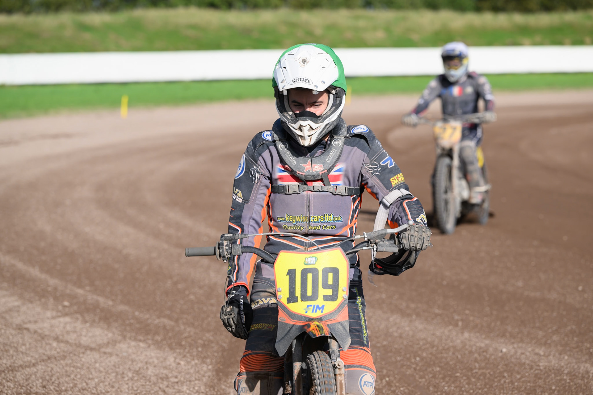 Zach Wajtknecht (109) of Great Britain after his final ride during the FIM Long Track World Championship Final 4, at the Speed Centre Roden, Netherlands on Sunday 21st September 2025. (Photo: Ian Charles | MI News)during the FIM Long Track World Championship Final 4, at the Speed Centre, Roden on Sunday 21st September 2025. (Photo: Ian Charles | MI News)