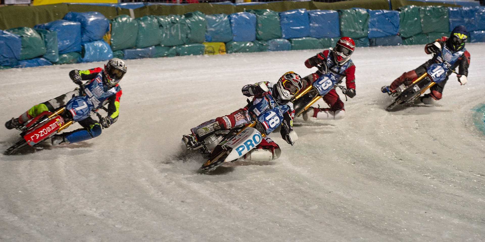 BERLIN GERMANY  - February 29 Charly Ebner (Yellow) inside team mate Harald Simon of Austria as they lead Matti Isoaho (Red) and Christer Biskop of Finland   during theIce Speedway of Nations (Day 1) at the Horst-Dohm-Eisstadion, Berlin,  on Saturday 29 February 2020. (Credit: Ian Charles | MI News)