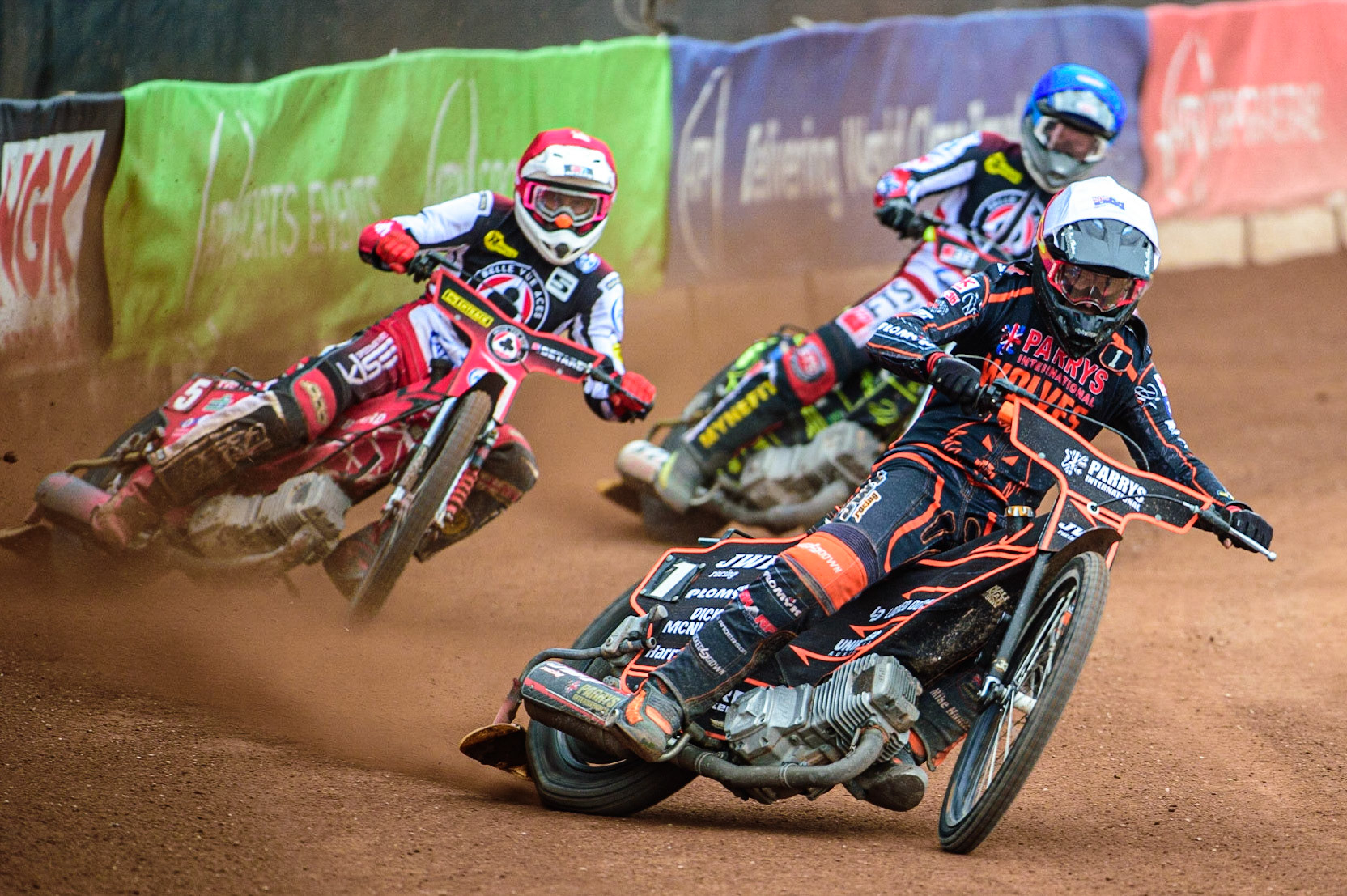 Sam Masters  (White) leads Max Fricke  (Red) and Jye Etheridge  (Blue) during the SGB Premiership match between Belle Vue Aces and Wolverhampton Wolves at the National Speedway Stadium, Manchester on Monday 29th August 2022. (Credit: Ian Charles | MI News)