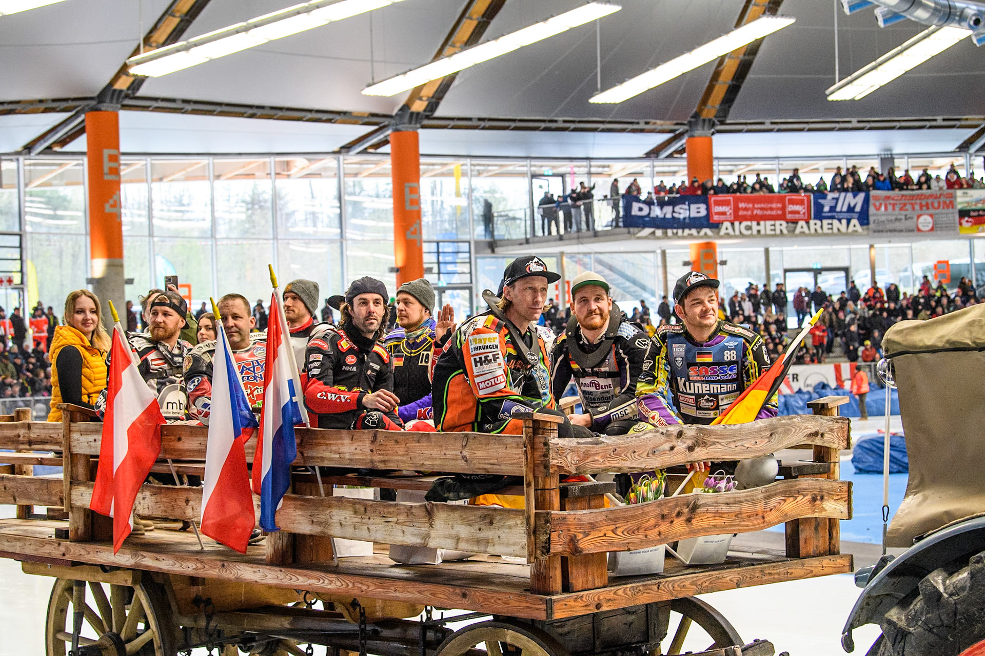 Some of the riders on the parade during the FIM Ice Speedway Gladiators World Championship Final 2 at the Max-Aicher-Arena, Inzell on Sunday 24 March 2024. (Photo: Ian Charles | MI News)