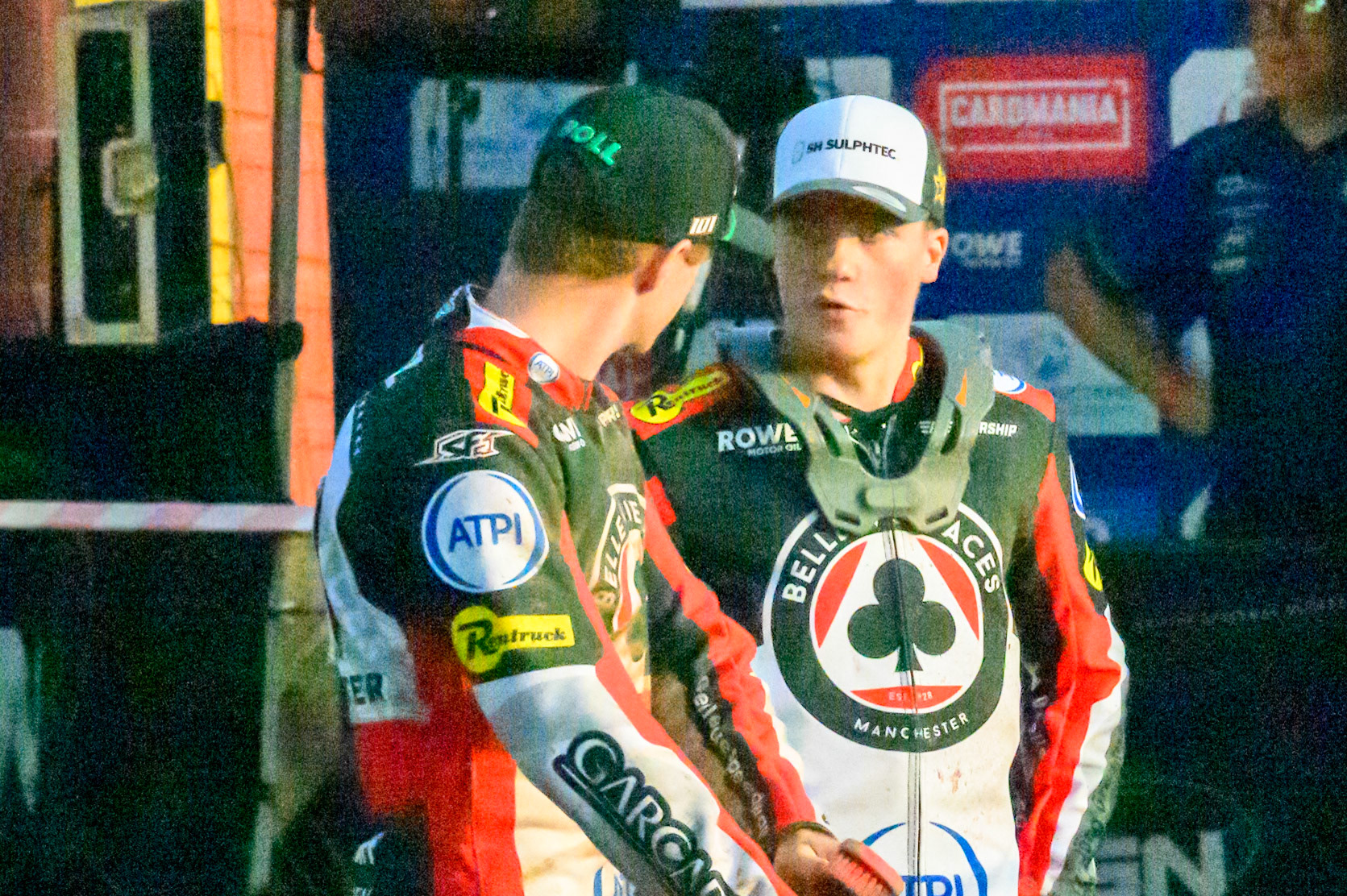 Brady Kurtz of Belle Vue Aces (Left) chats with team mate Norick Blodorn of Belle Vue Aces  during the Rowe Motor Oil Premiership match between Leicester Lions and Belle Vue Aces at the Hydroscan Arena, Leicester on Thursday 23rd July 2026. (Photo: Ian Charles | MI News)