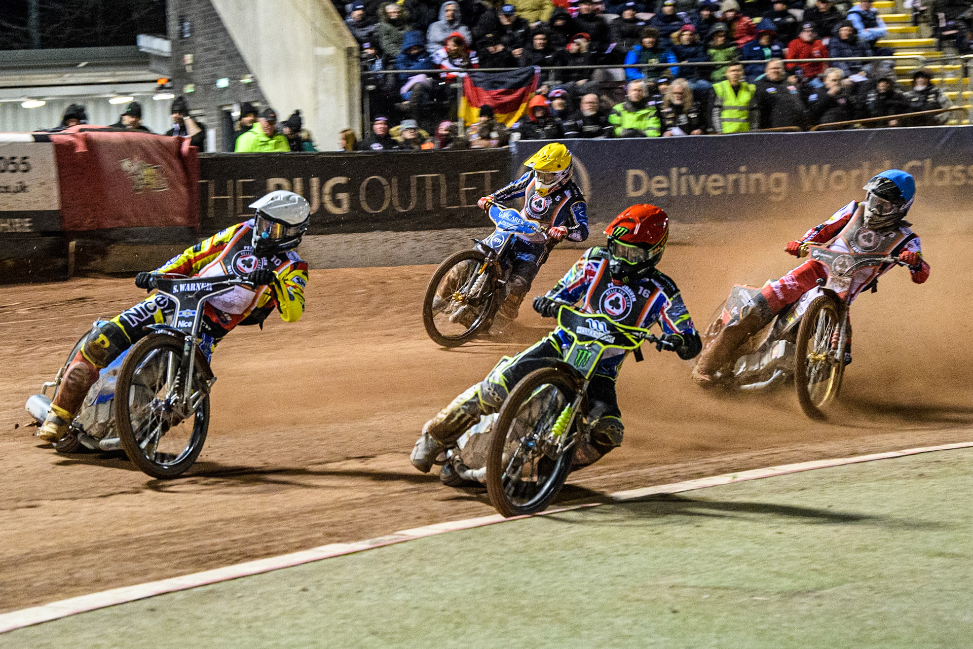 Chris Holder rides inside Matej Zagar in White with Norick Blodorn in Blue and Robert Lambert in Yellow behind during the Peter Craven Memorial Trophy at the National Speedway Stadium, Manchester on Monday 17th March 2025. (Photo: Ian Charles | MI News)