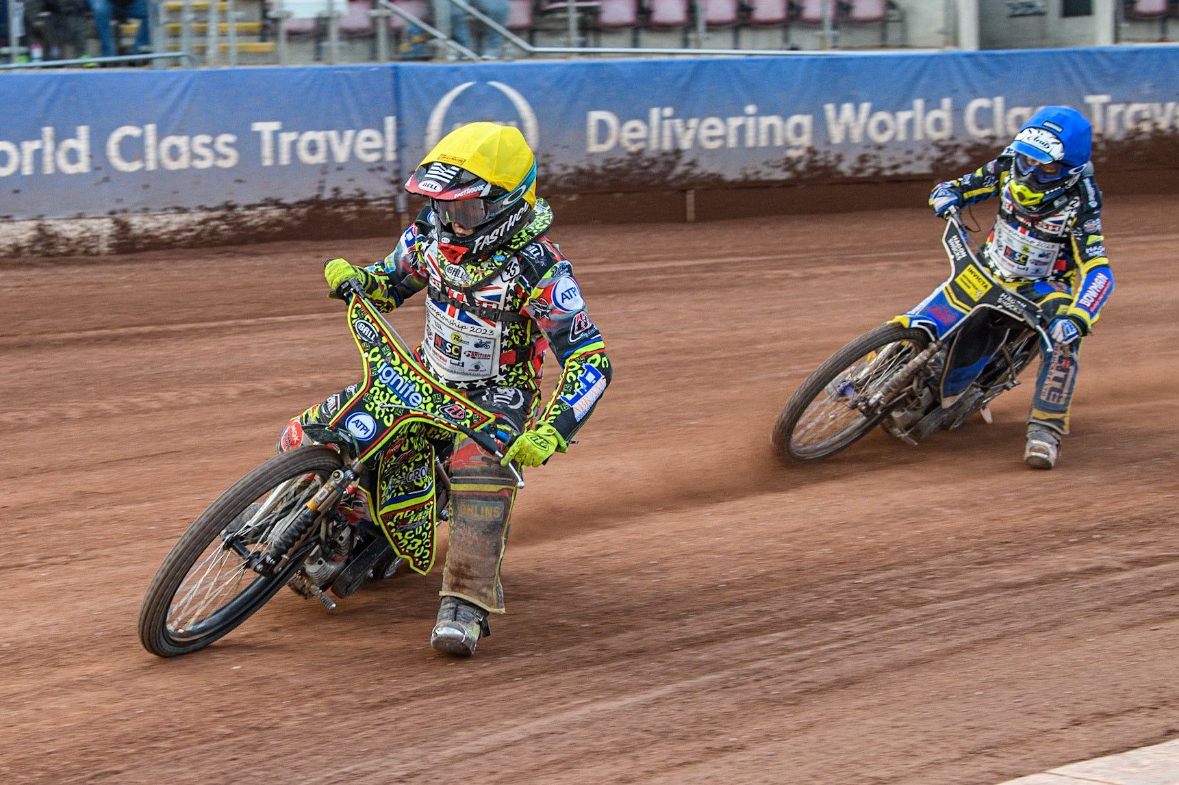 250cc Final: William Cairns (Yellow) leads Jamie Etherington  (Blue) during the British Youth Speedway Championships at the National Speedway Stadium, Manchester on Friday 21st July 2023. (Photo: Ian Charles | MI News)