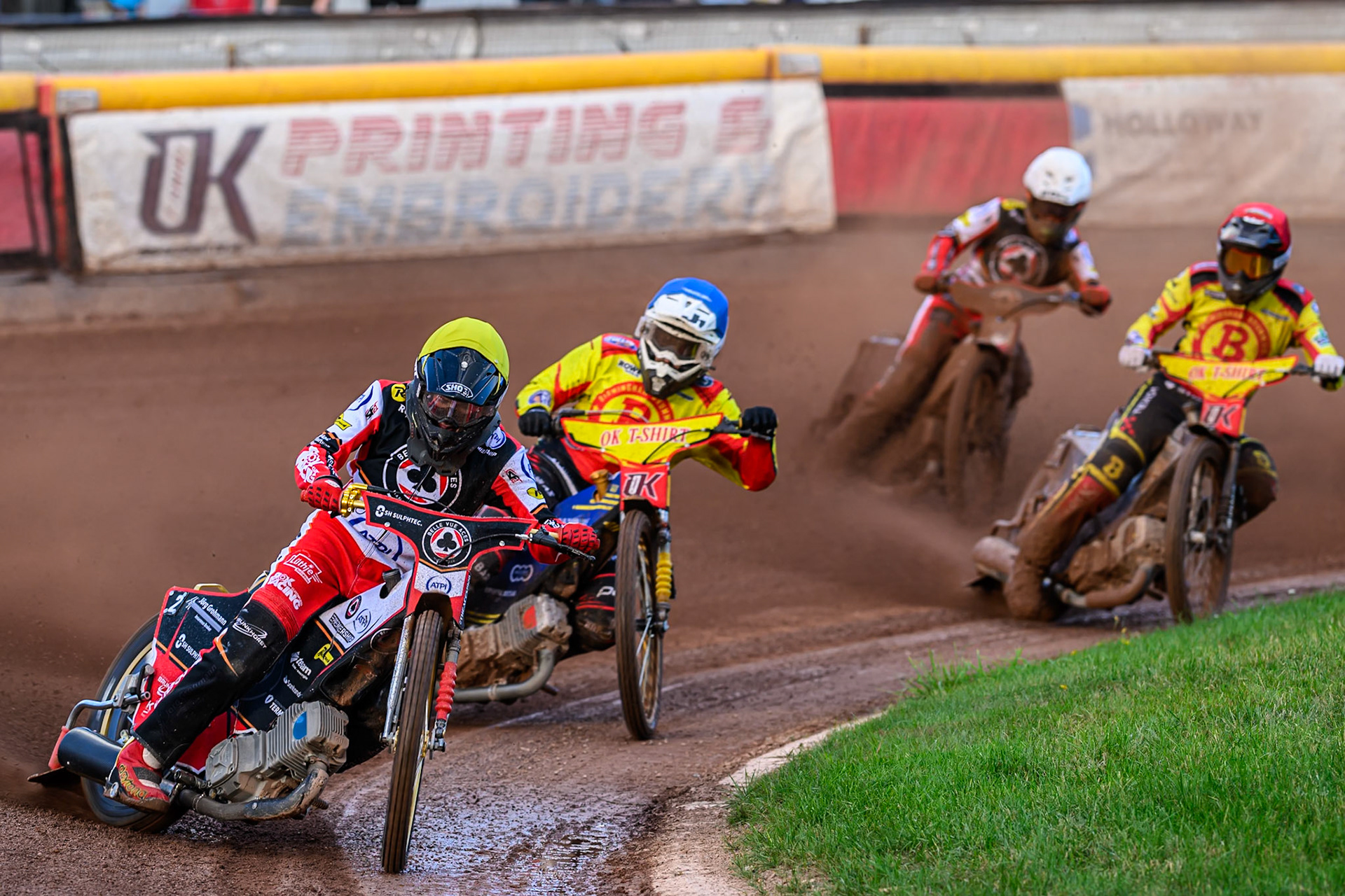 Belle Vue Aces' Norick Blodorn   in Yellow leading Birmingham Brummies' Paco Castagna  in Blue Belle Vue Aces' Brady Kurtz in White and Birmingham Brummies' Tobias Musielak  in Red during the Rowe Motor Oil Premiership match between Birmingham Brummies and Belle Vue Aces at Perry Barr Stadium, Birmingham on Monday 28th July 2025. (Photo: Ian Charles | MI News)