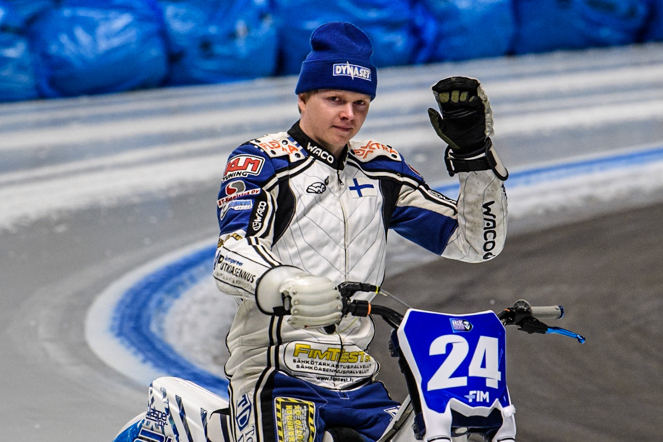 Max Koivula (24) of Finland during the Ice Speedway Gladiators World Championship Final 1 at Max-Aicher-Arena, Inzell on Saturday 15th March 2025. (Photo: Ian Charles | MI News)