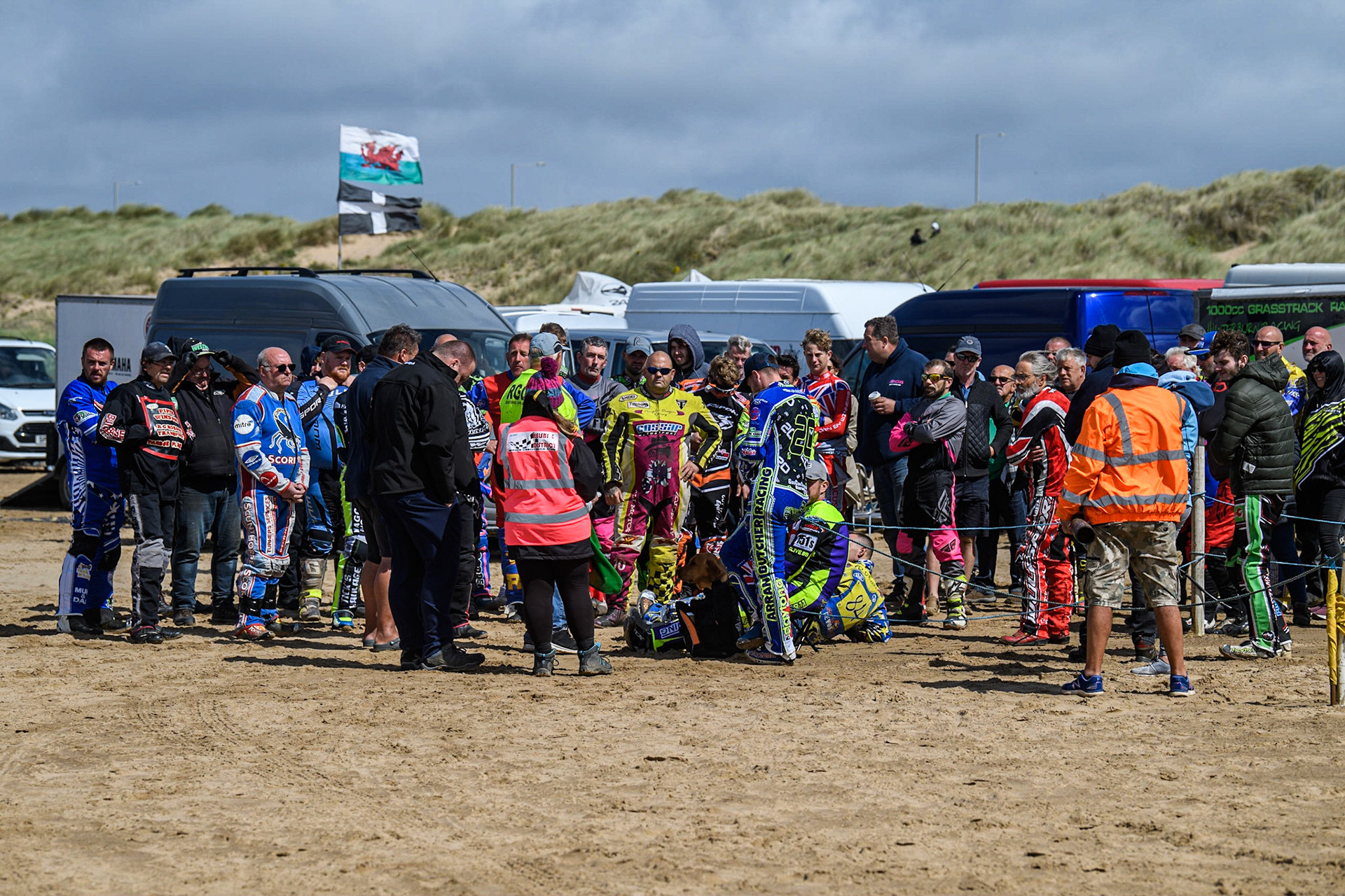 The riders briefing during the Fylde ACU British Sand Racing Masters Championship at  St Annes on Sea, Lancashire on Sunday 30th July 2023. (Photo: Ian Charles | MI News)