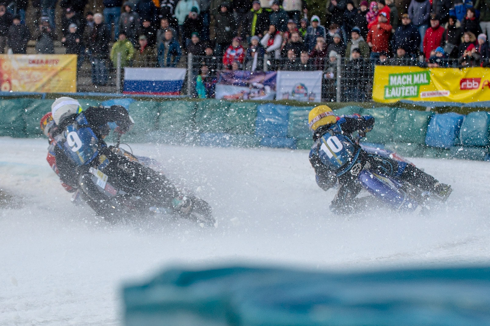 BERLIN GERMANY  - March 1  Gold/Silver Final: Martin Haarahiltunen (White) and Niclas Svensson (Yellow) chase the Russians  during the Ice Speedway of Nations at the Horst-Dohm-Eisstadion, Berlin,  on Sunday 1 March 2020. (Credit: Ian Charles | MI News)