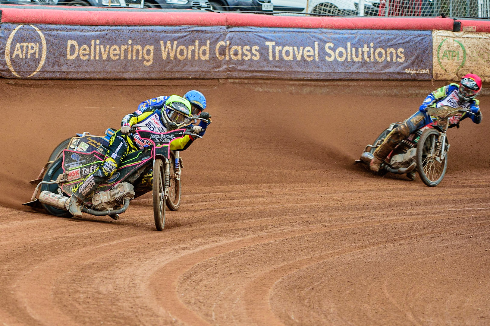 Leon Flint  (White) leads Kyle Howarth  (Blue) and Richie Worrall  (Red) during the Sports Insure British Speedway Final, at the National Speedway Stadium, Manchester, on Sunday 18th September 2022. (Credit: Ian Charles | MI News )
