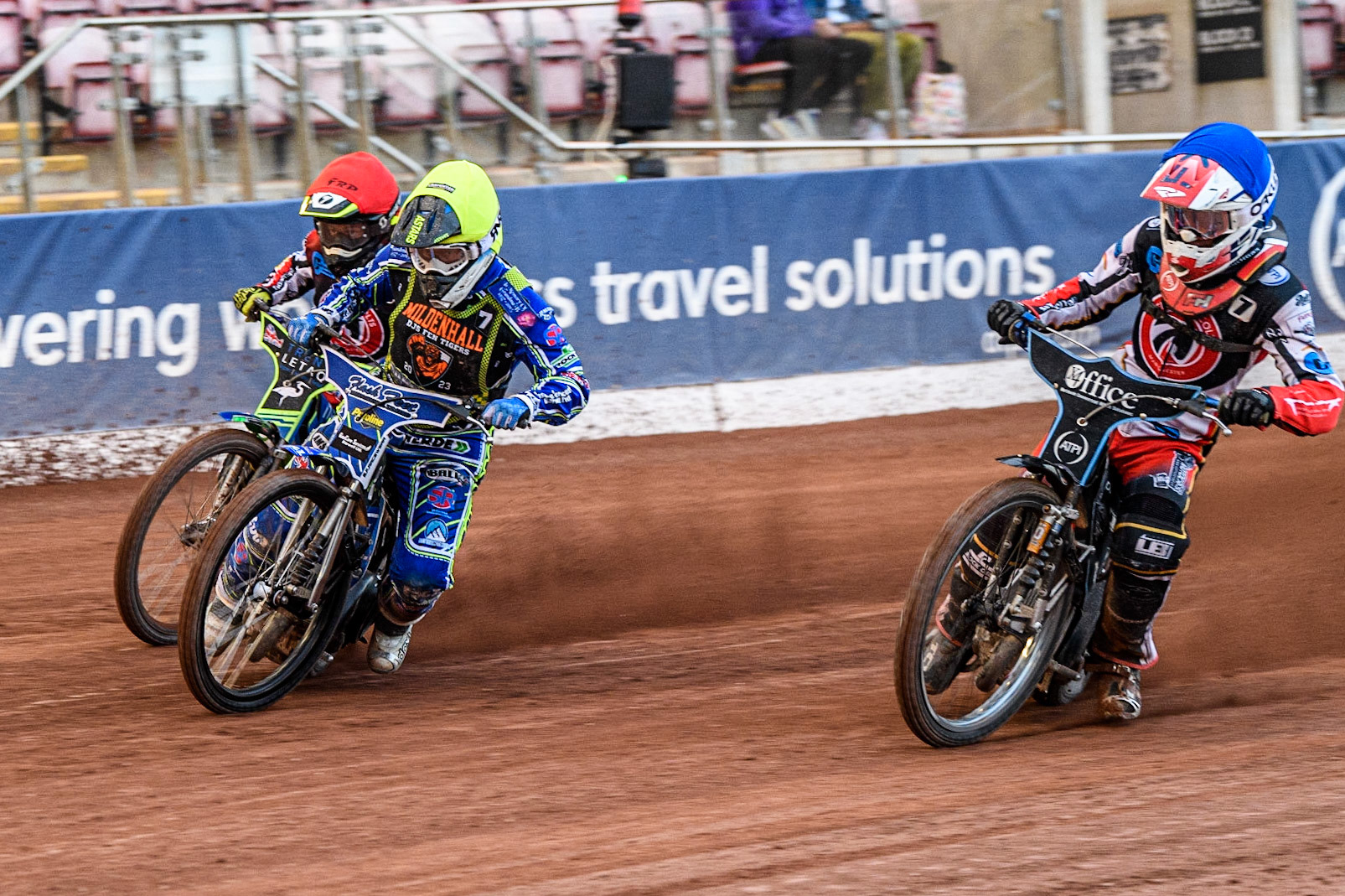Arran Butcher (Yellow) ahead of Freddy Hodder (Blue) and Luke Muff (Red) during the National Development League match between Belle Vue Colts and Mildenhall Fens Tigers at the National Speedway Stadium, Manchester on Friday 26th May 2023. (Photo: Ian Charles | MI News)