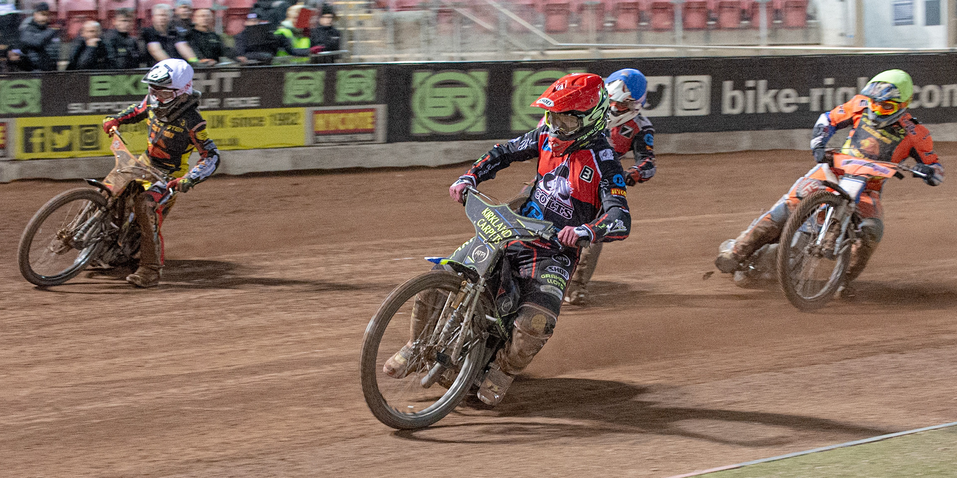 Photo: Ian Charles

Kyle Bickley   (Red) leads Joe Thomson  (White) Ben Woodhull  (Blue) and Josh Embleton  (Yellow)

Belle Vue Colts v Leicester Lion Cubs, SGB National League KO Cup Final (2nd Leg), Belle Vue National Speedway Stadium, Manchester, Tuesday 29  October  2019