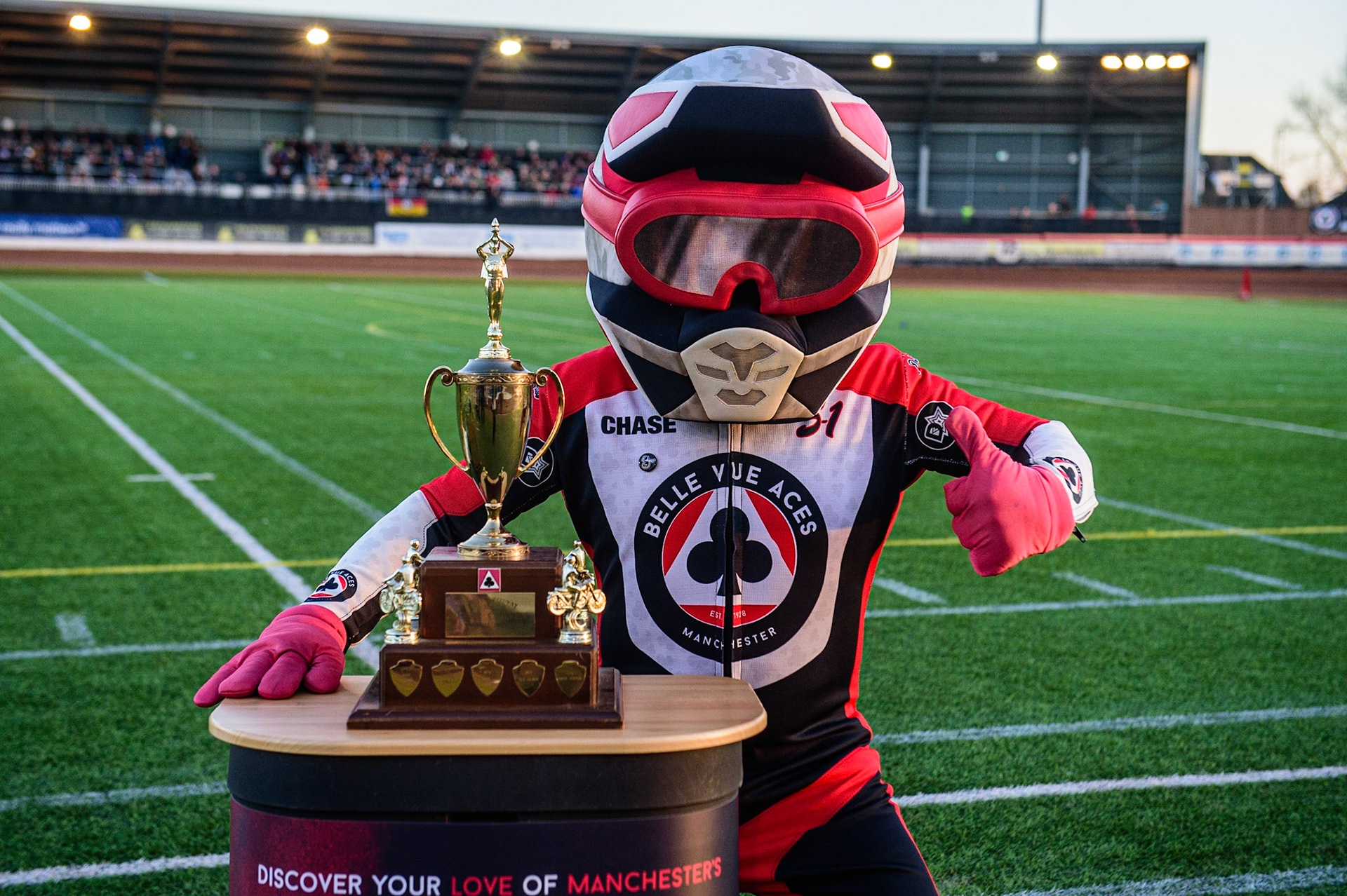 Aces Mascot Chase The Ace with the trophy during the Peter Craven Memorial Trophy  at the National Speedway Stadium, Manchester on Monday 3rd April 2023. (Photo: Ian Charles | MI News)