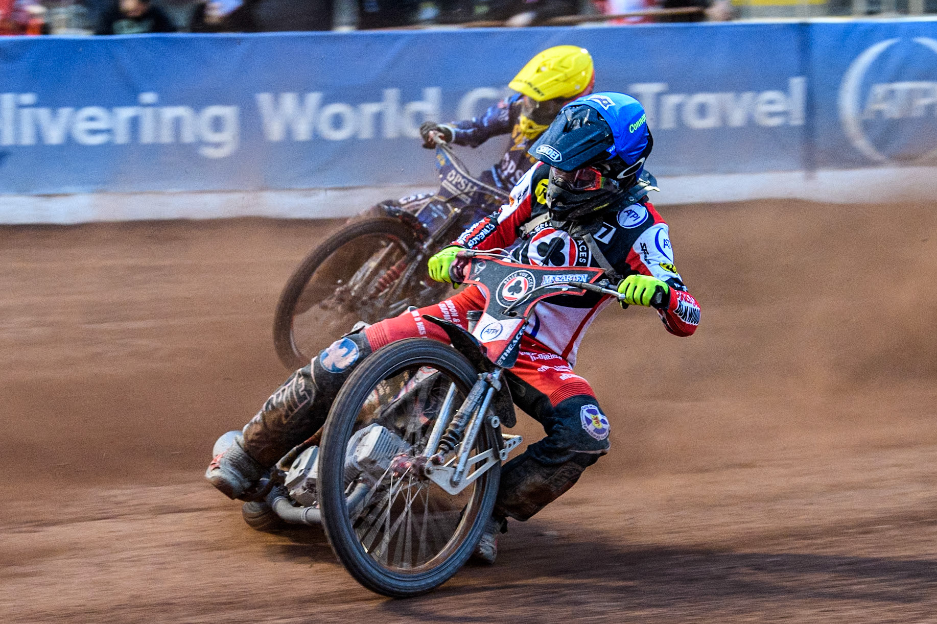 Belle Vue Aces' Connor Bailey in Blue passes King Lynn Stars' Patryk Wojdylo in Yellow during the Rowe Motor Oil Premiership match between Belle Vue Aces and King's Lynn Stars at the National Speedway Stadium, Manchester on Monday 20th May 2024. (Photo: Ian Charles | MI News)