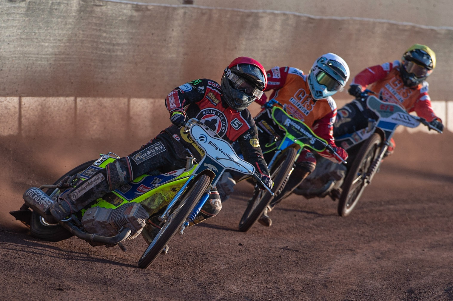 Photo: Ian Charles

Kenneth Bjerre  (Red) leads Troy Batchelor  (White) and Adam Ellis  (Yellow)

Belle Vue Aces v Swindon Robins, British Speedway Premiership, Belle Vue National Speedway Stadium, Manchester, Monday 20  May  2019