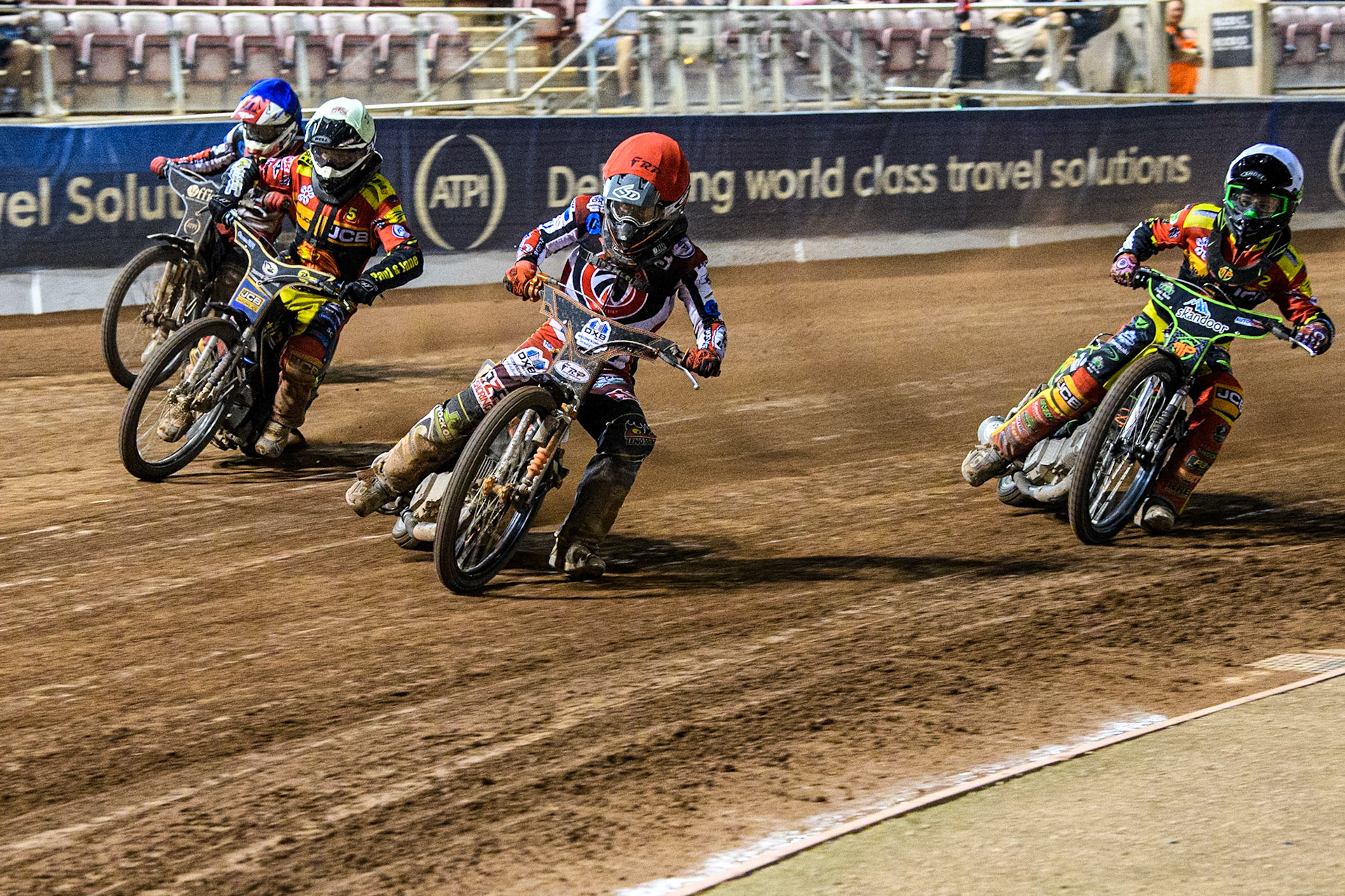 Jack Smith (Red) leads  Max Perry (White), Joe Thompson (Yellow) and Freddy Hodder (Red) during the National Development League match between Belle Vue Colts and Leicester Lion Cubs at the National Speedway Stadium, Manchester on Friday 8th September 2023. (Photo: Ian Charles | MI News)