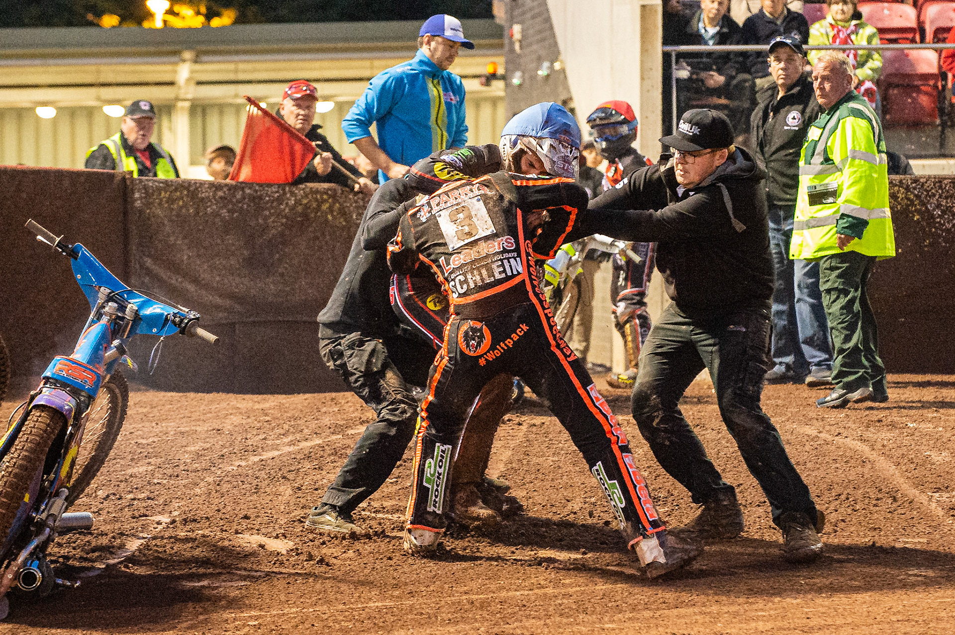 Photo by Ian Charles:

A scuffle breaks out between Rory Schlein  and Steve Worrall  after heat 10 

Belle Vue Aces v Wolverhampton Wolves, SGB Premiership, National Speedway Stadium, Manchester, Monday, 19, August, 2019
