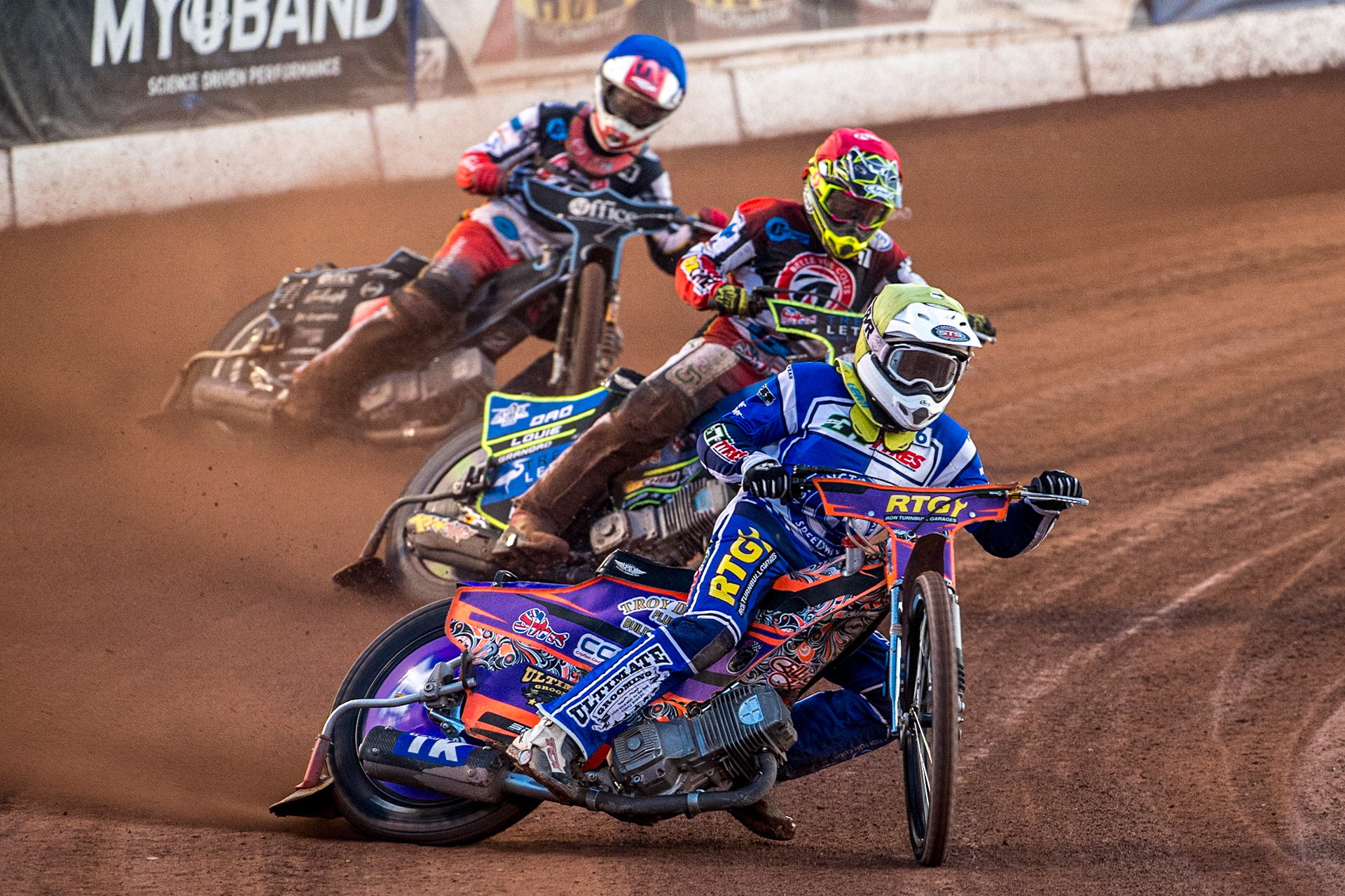 Elliot Kelly (White) leads  Luke Muff (Red) and Freddy Hodder (Blue) during the National Development League match between Belle Vue Colts and Workington Comets at the National Speedway Stadium, Manchester on Friday 25th August 2023. (Photo: Ian Charles | MI News)