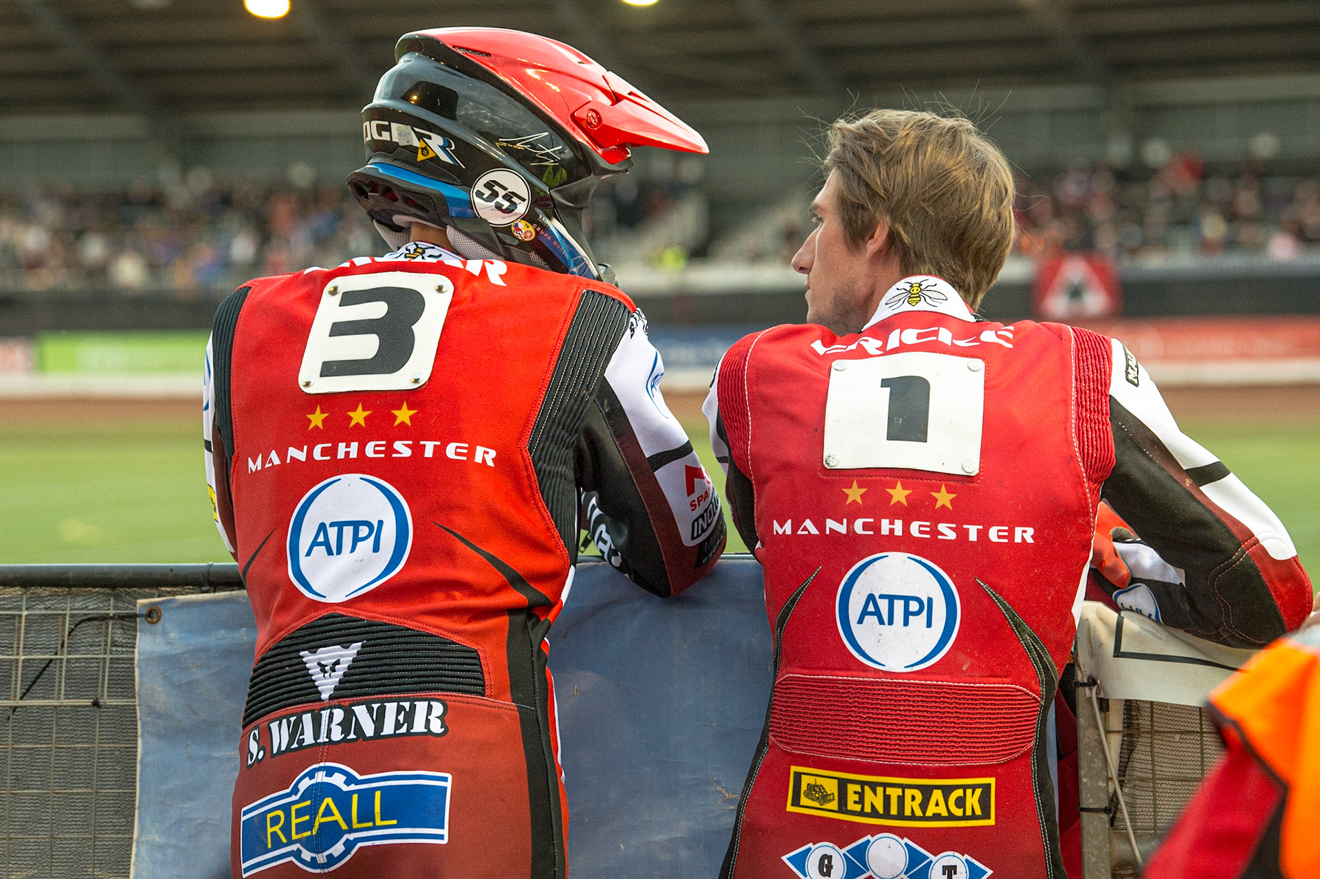 MANCHESTER, UK. JUN 13TH Matej Zagar  (left) and Max Fricke  chat during the track prep during the SGB Premiership match between Belle Vue Aces and Wolverhampton  Wolves at the National Speedway Stadium, Manchester on Monday 13th June 2022. (Credit: Ian Charles | MI News)