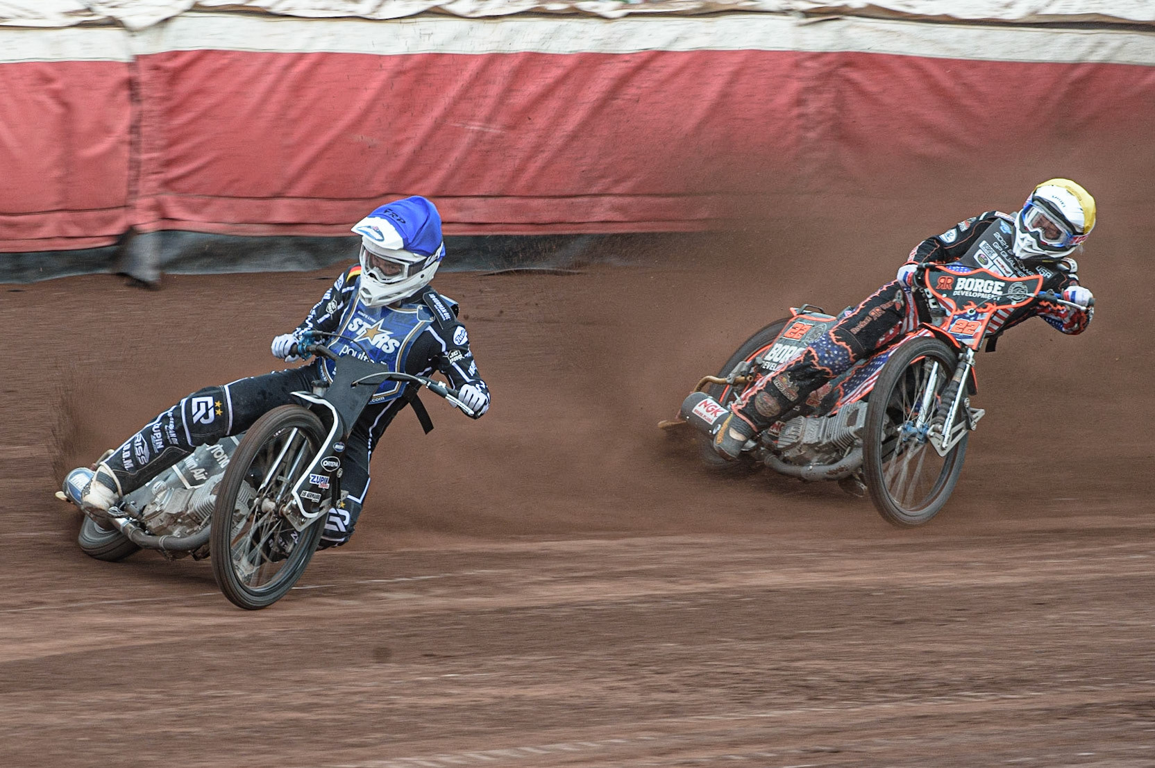 GLASGOW, UK. JUNE 19TH.  Erik Riss (Germany) (Blue) leads Luke Becker (USA) (Yellow) during the FIM Speedway Grand Prix Qualifying Round at the Peugeot Ashfield Stadium, Glasgow on Saturday 19th June 2021. (Credit: Ian Charles | MI News)