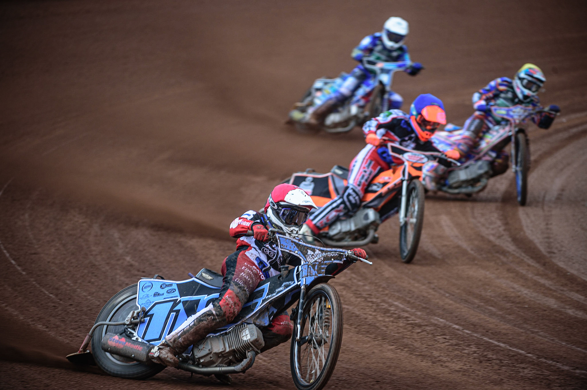 MANCHESTER, UK. APR 15TH   Sam McGurk  (Red) leads Connor Coles  (Blue) Henry Atkins  (Yellow) and Jody Scott  (White) during the National Development League match between Belle Vue Colts and Plymouth Centurions at the National Speedway Stadium, Manchester on Friday 15th April 2022. (Credit: Ian Charles | MI News)