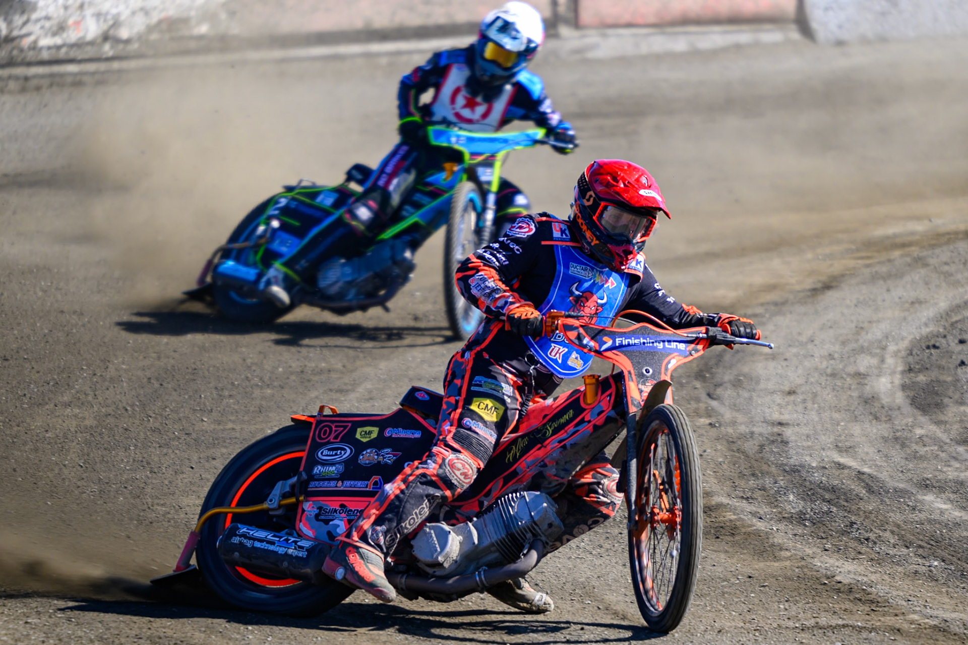 Alex Spooner guest rider for Buxton Bulls  in Red leading Eli Meadows of Stoke Potters  in White during the National Development League Challenge match between Buxton Bulls and Stoke Potters at Hi-Edge Speedway, Buxton on Sunday 24th May 2026. (Photo: Ian Charles | MI News)