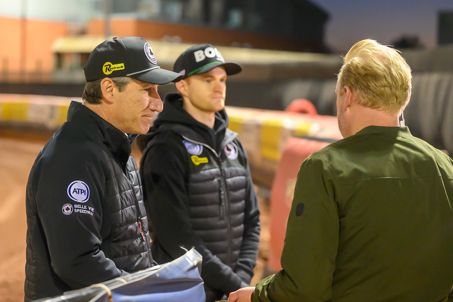 Mark Lemon, Team Manager of Belle Vue Aces (Left) and Brady Kurtz of Belle Vue Aces  (Centre) are interviewed by Ian Haslam of BBC North West during the Rowe Motor Oil Premiership Grand Final 2nd Leg between Belle Vue Aces and Sheffield Tigers at the National Speedway Stadium, Manchester on Friday 16th October 2026. (Photo: Ian Charles | MI News)live on air