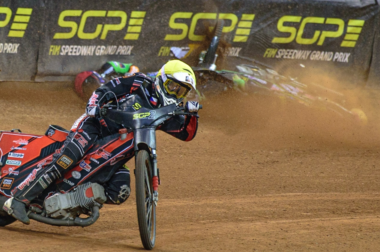 Jan Kvech (Czech Republic)  (White) brings down Benjamin Basso (Denmark)  (Red) during the FIM  Speedway Grand Prix  2 of Great Britain at the Principality Stadium, Cardiff on Sunday 14th August 2022. (Credit: Ian Charles | MI News)