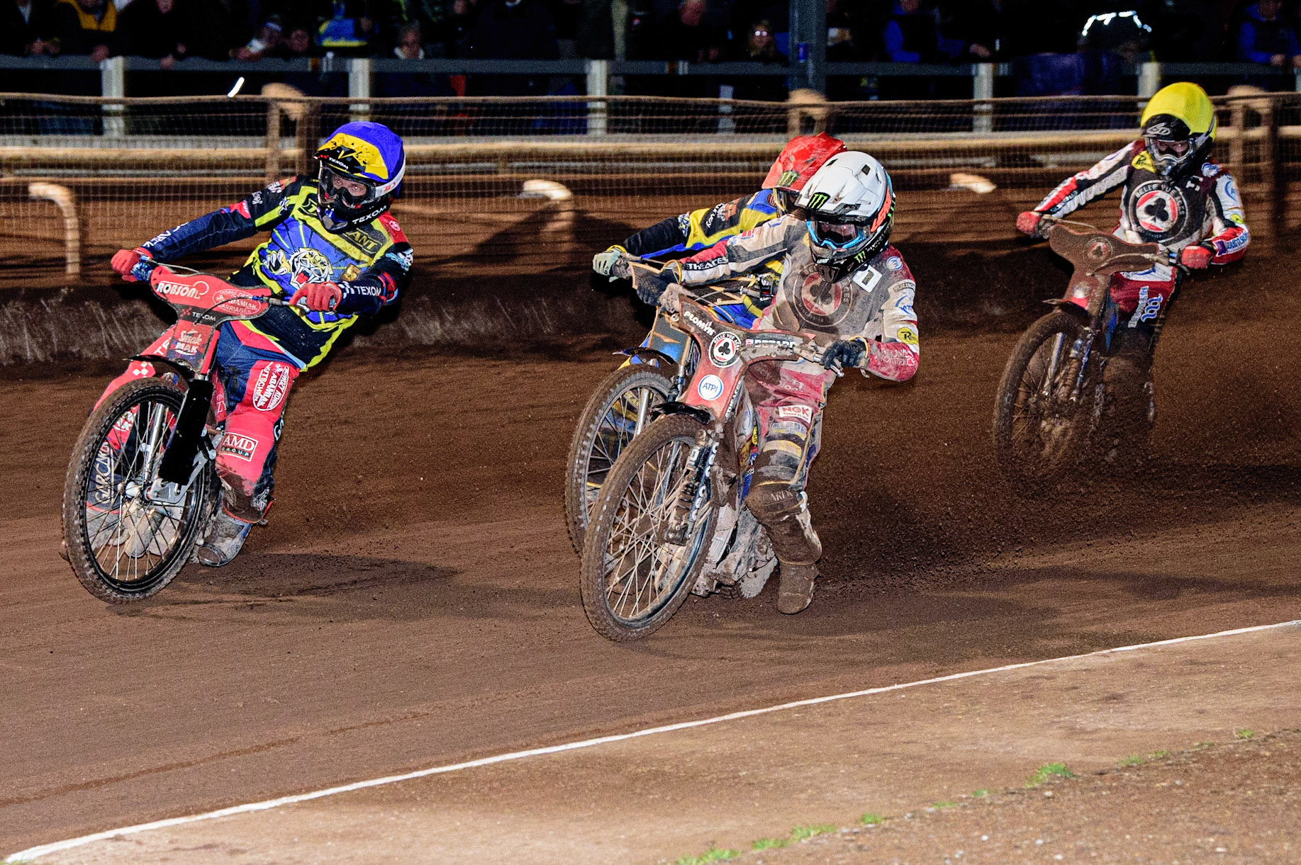 Tobiasz Musielak  (Blue) leads Dan Bewley  (White), Jack Holder  (Red) and Brady Kurtz  (Yellow) during the Sheffield Tigers vs Belle Vue Aces meeting in the SGP Premiership at Owlerton Stadium, Sheffield on Thursday 23rd March 2023. (Photo: Ian Charles | MI News)
