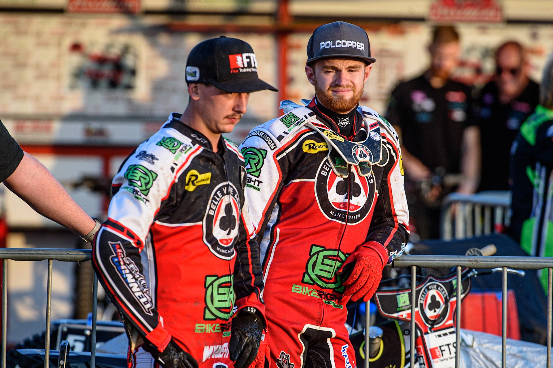 PETERBOROUGH, UK. JULY 19TH  Jye Etheridge  (left) and Brady Kurtz  watch the racing  during the SGB Premiership match between Peterborough and Belle Vue Aces at East of England Showground, Peterborough on Monday 19th July 2021. (Credit: Ian Charles | MI News)