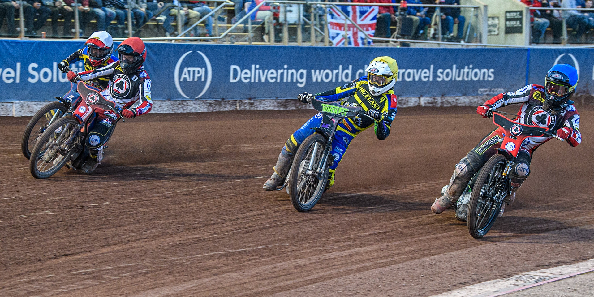 (l - r) Adam Ellis (White), Brady Kurtz (Red), Josh Pickering (Yellow), and Tom Brennan (Blue) during the Sports Insure Premiership match between Belle Vue Aces and Sheffield Tigers at the National Speedway Stadium, Manchester on Monday 7th August 2023. (Photo: Ian Charles | MI News)